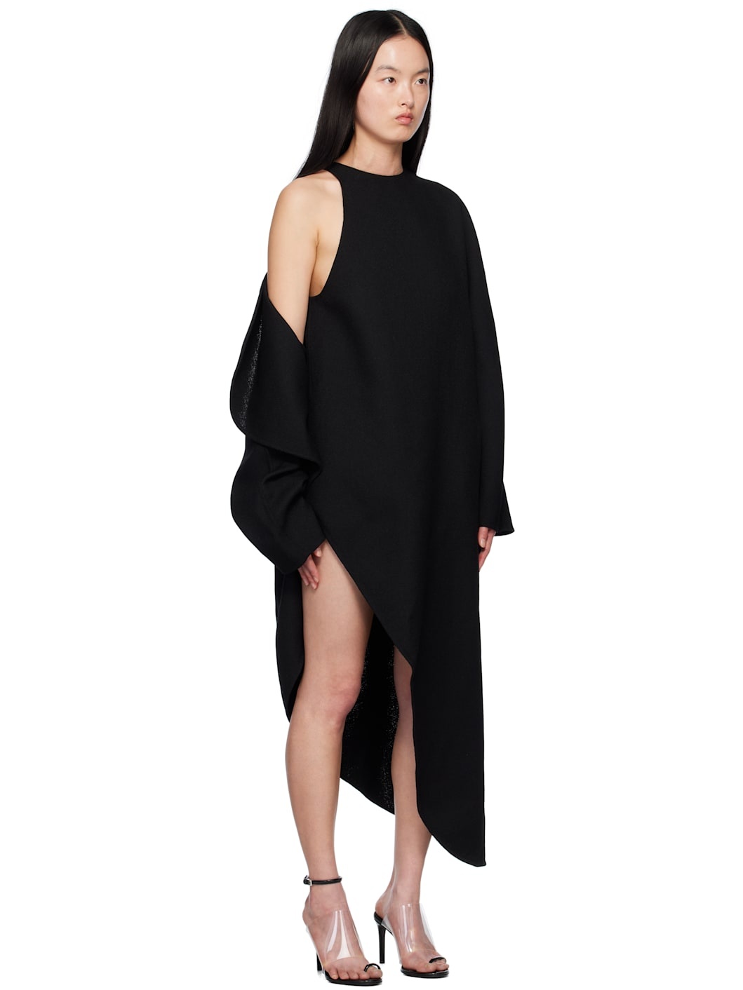 Black Wool Gazar Wrap Coat - 2