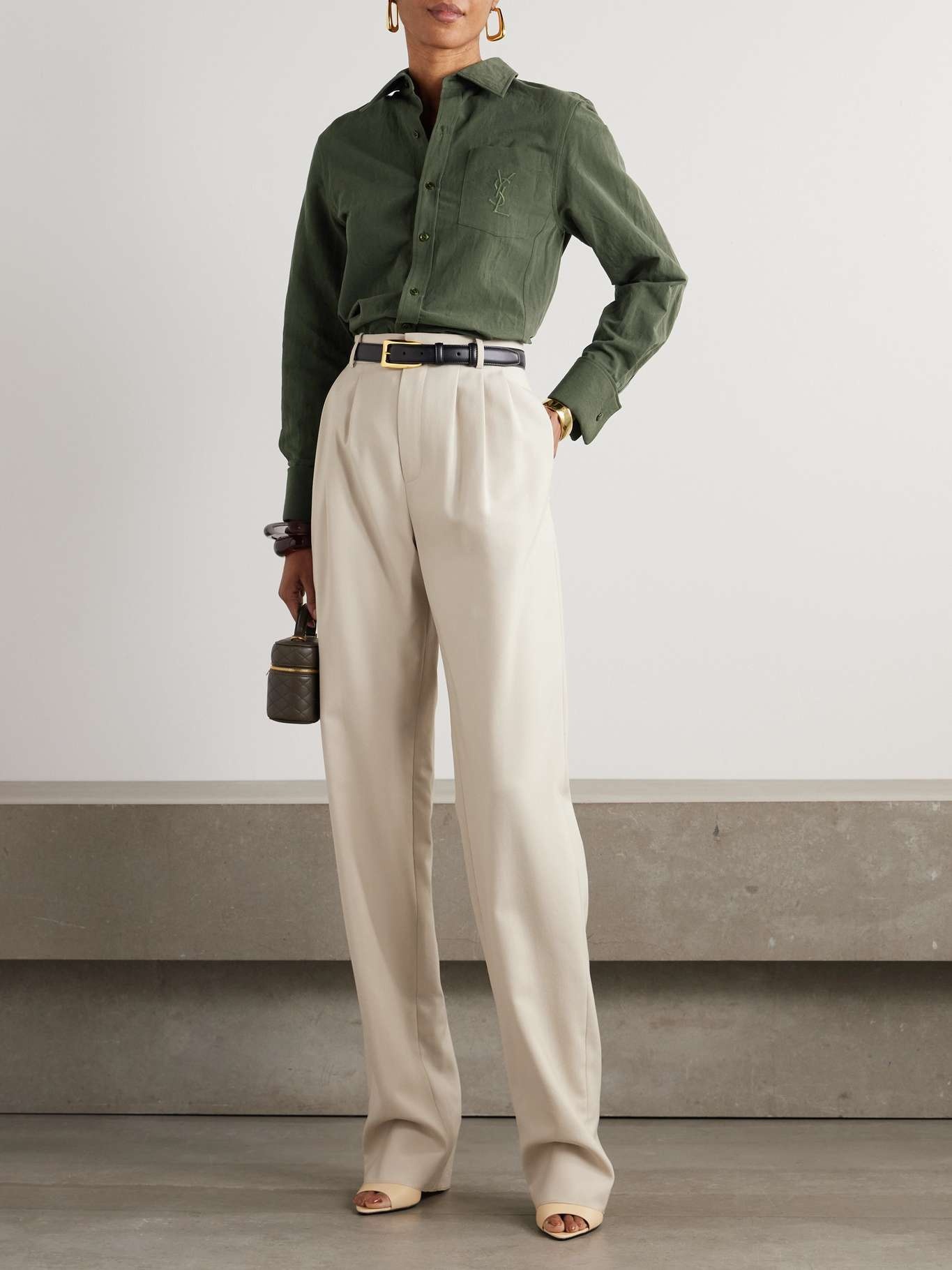 SAINT LAURENT Pleated wool straight-leg pants Beige | REVERSIBLE