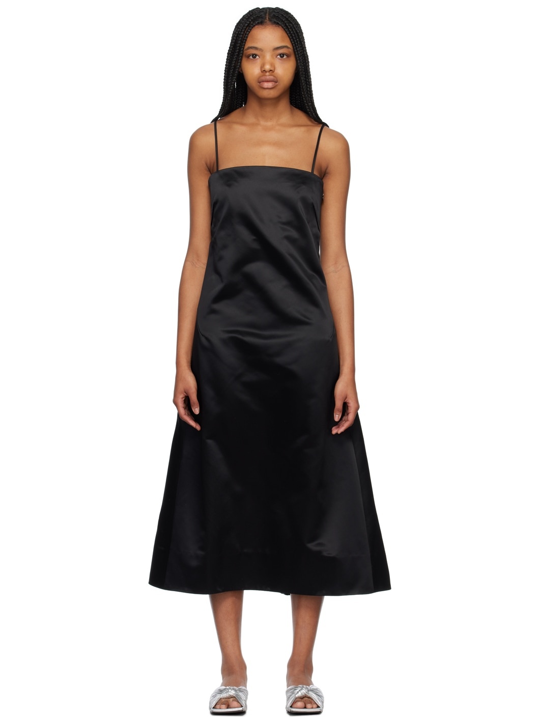 Black Straight Neck Midi Dress - 1
