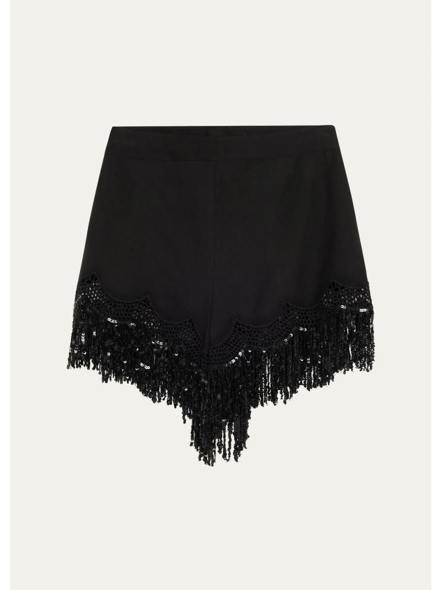 Ashlyn Sequin Fringe Lace-Trim Shorts - 1
