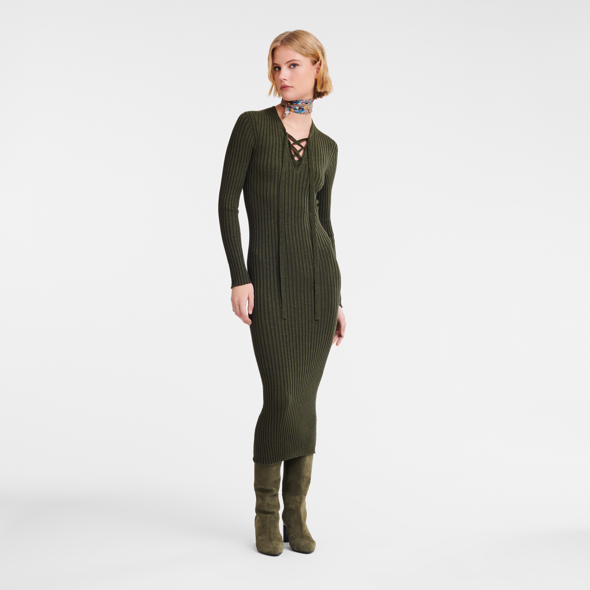 Fitted long dress Khaki - Knit - 2