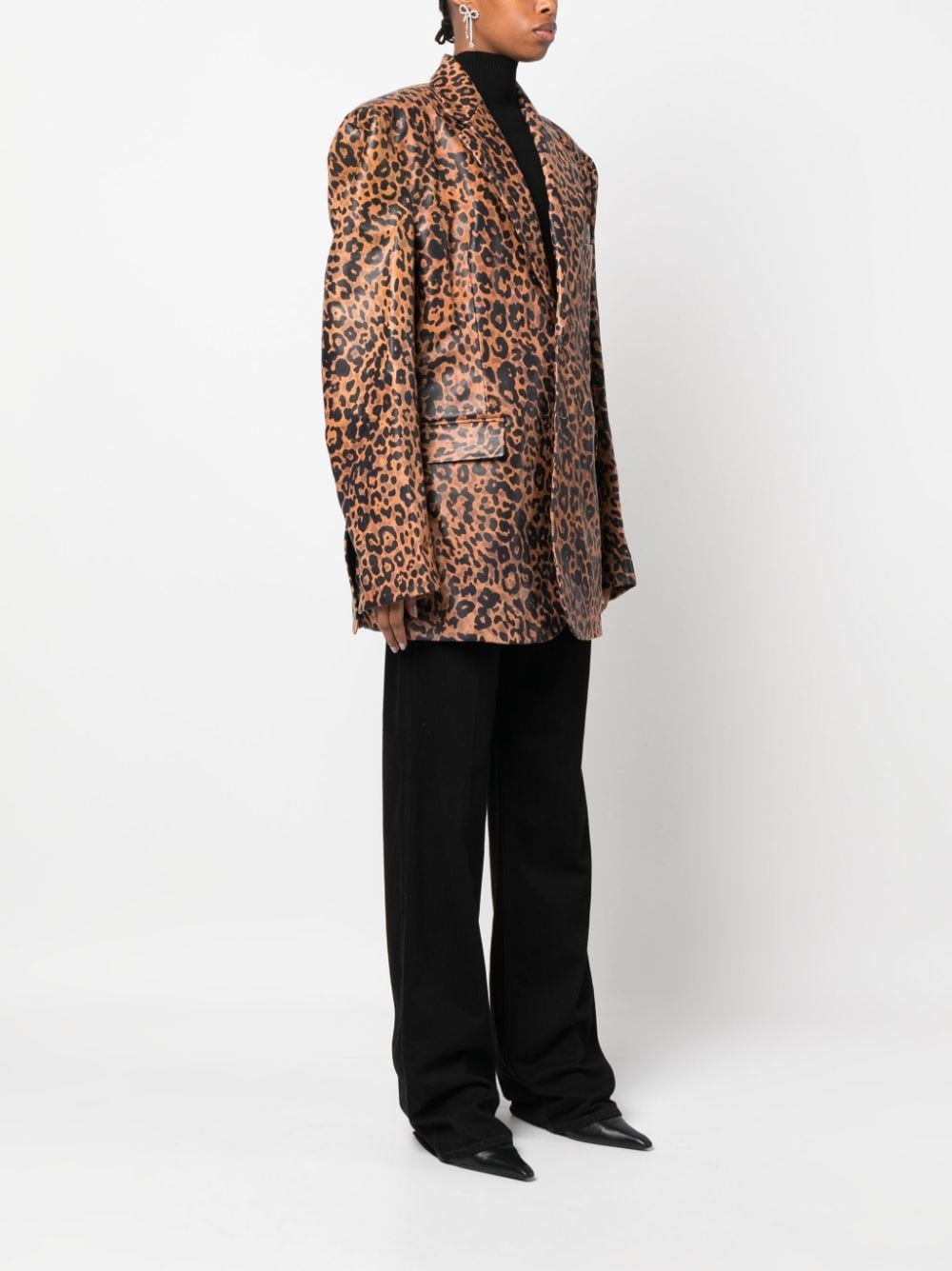 leopard-print leather blazer - 3