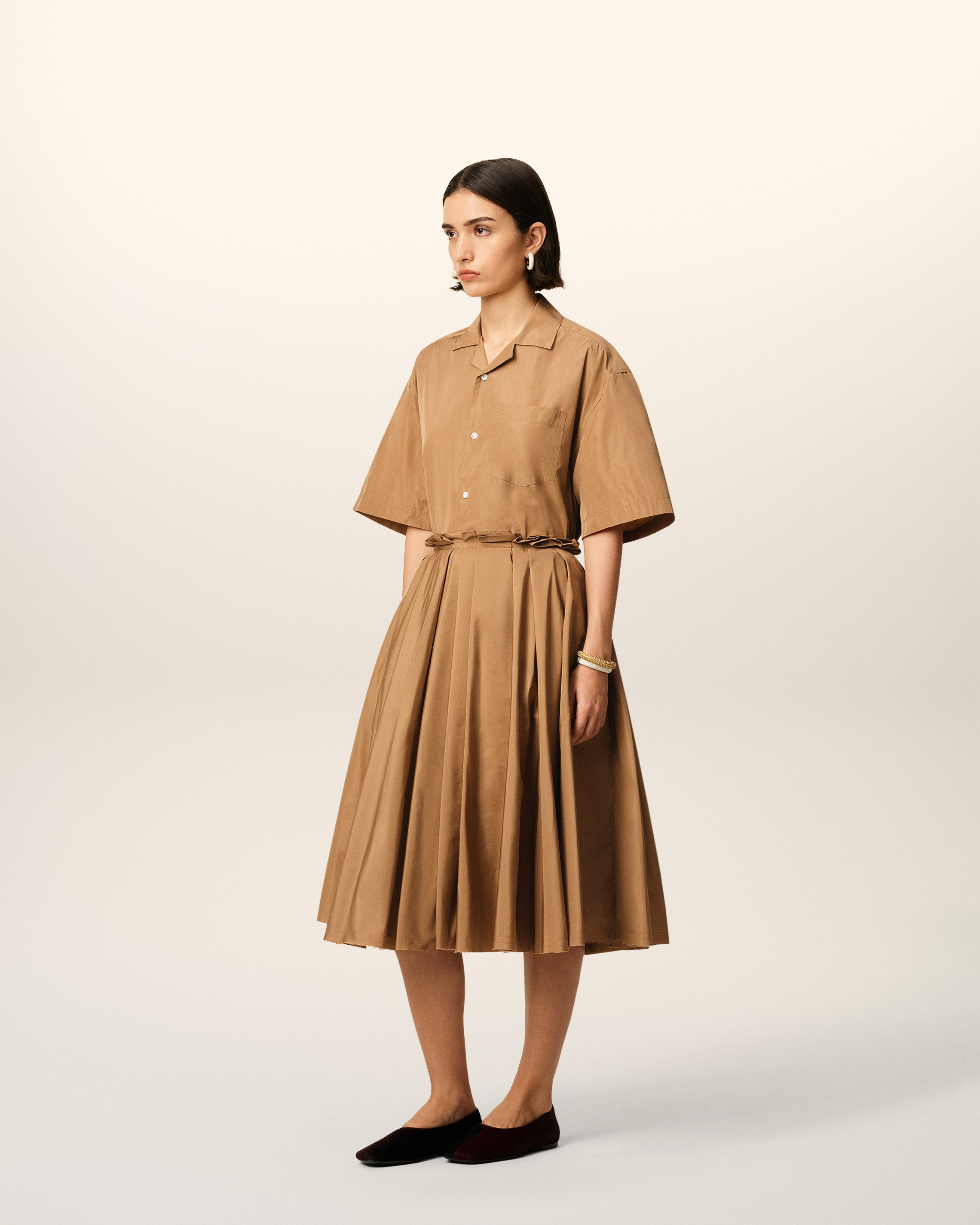 BROWN TAFFETAS MIDI COROLLA SKIRT - 6