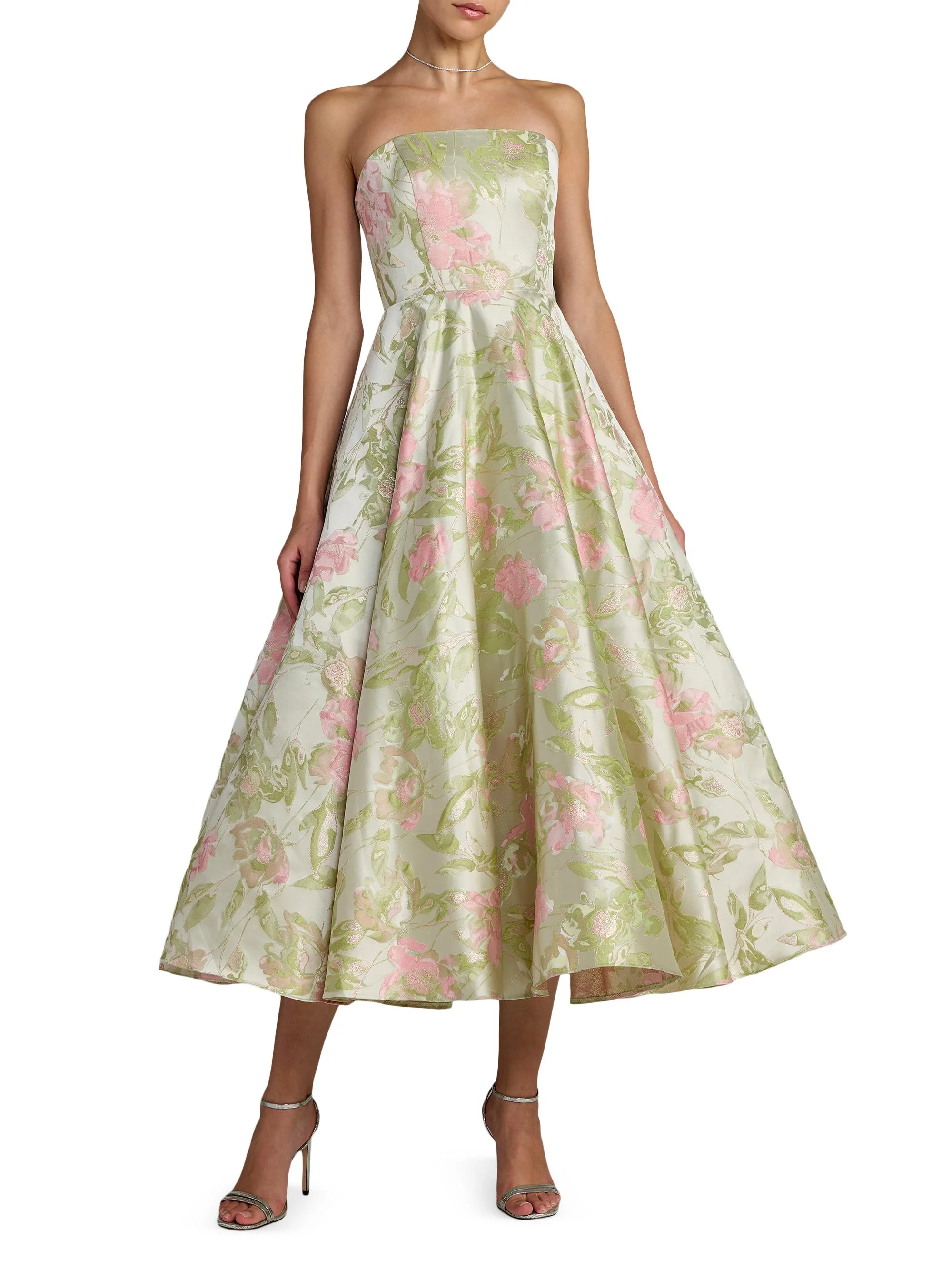 Women's Floral Brocade Strapless A-Line Cocktail Dress - Sage Multi - 1