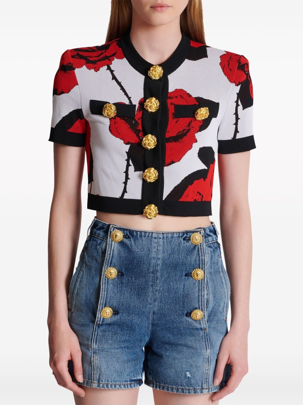 floral-jacquard cropped cardigan - 4