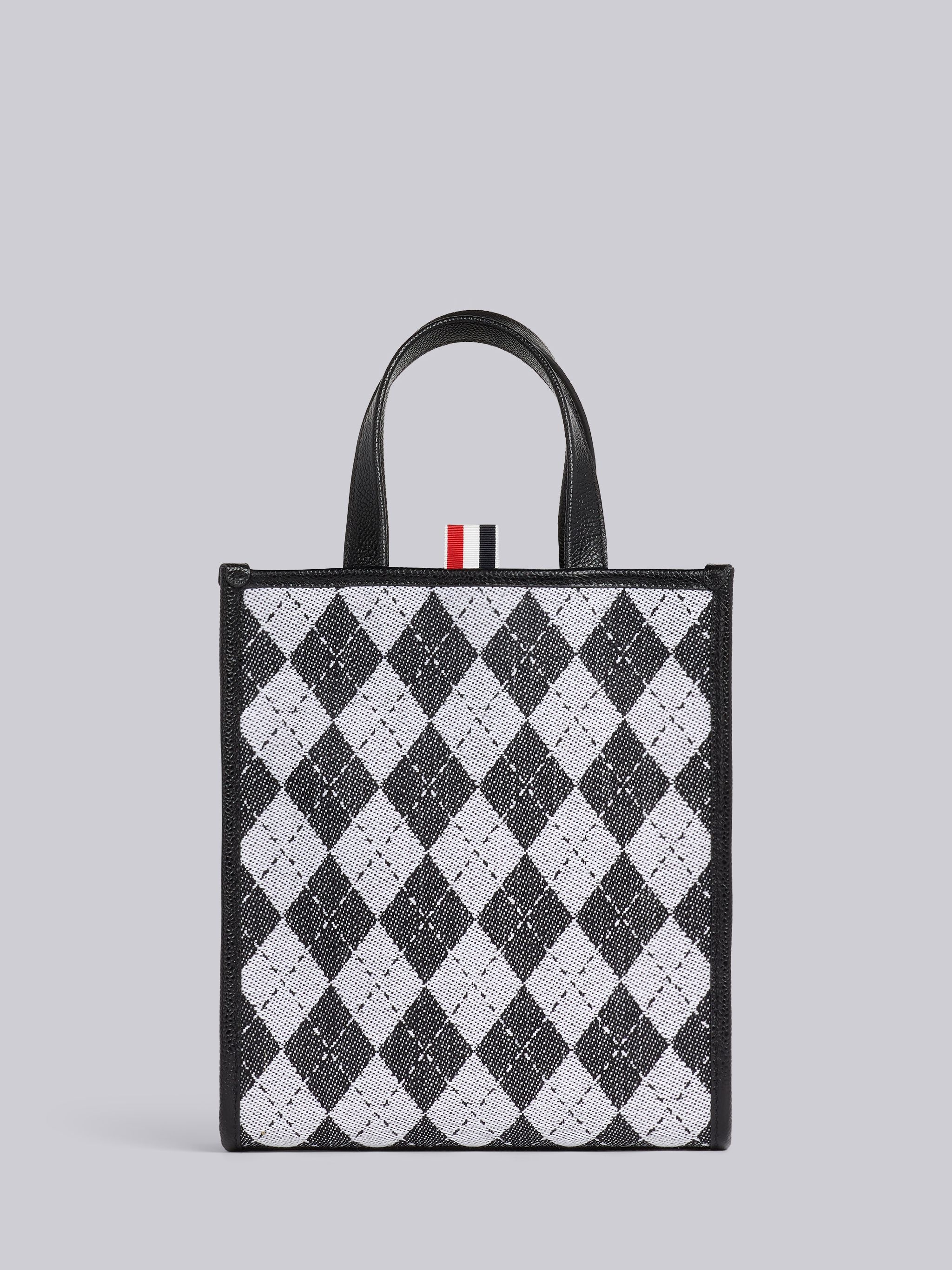 Black and White Argyle Wool Cotton Jacquard Webbing Stripe Shoulder Strap Small Tote - 4