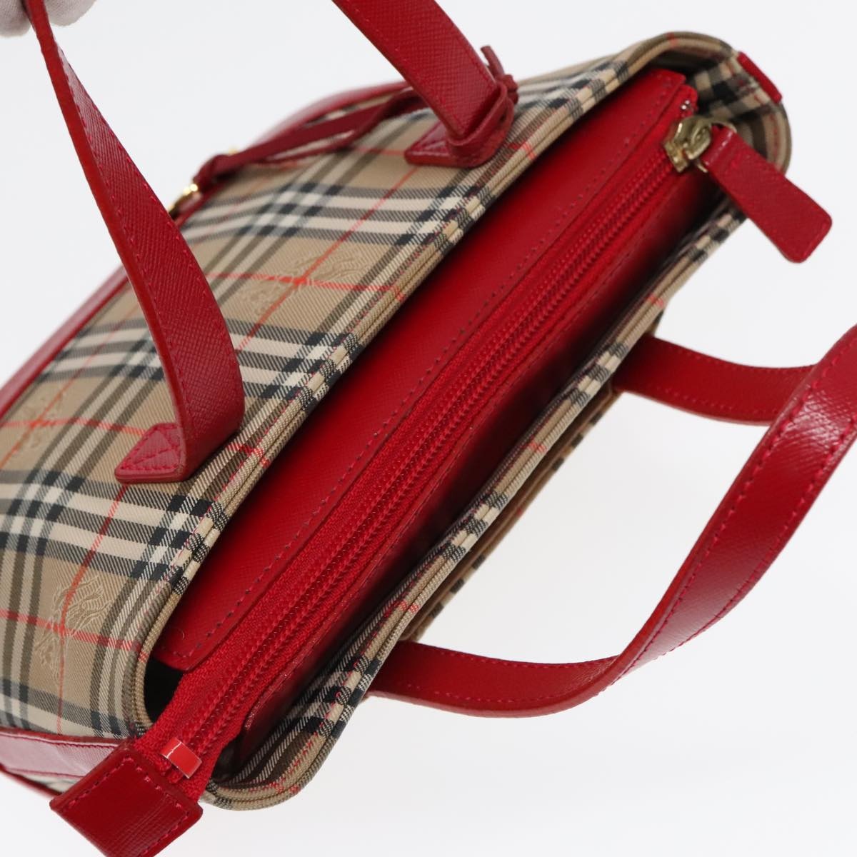 Burberry Nova Check Hand Bag Canvas Leather Beige Red Gold - 6