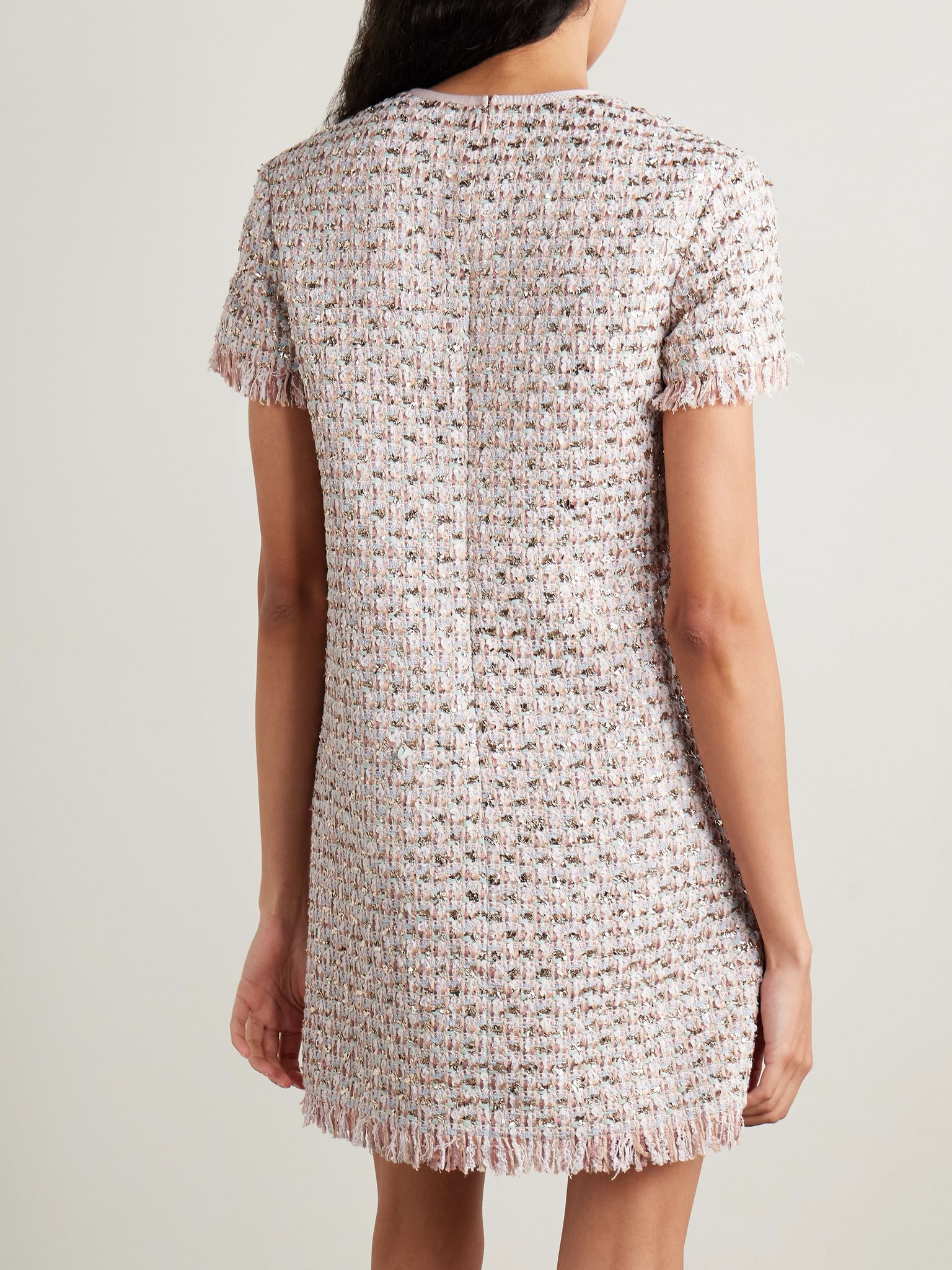 Embellished frayed metallic tweed mini dress Pastel pink - 3