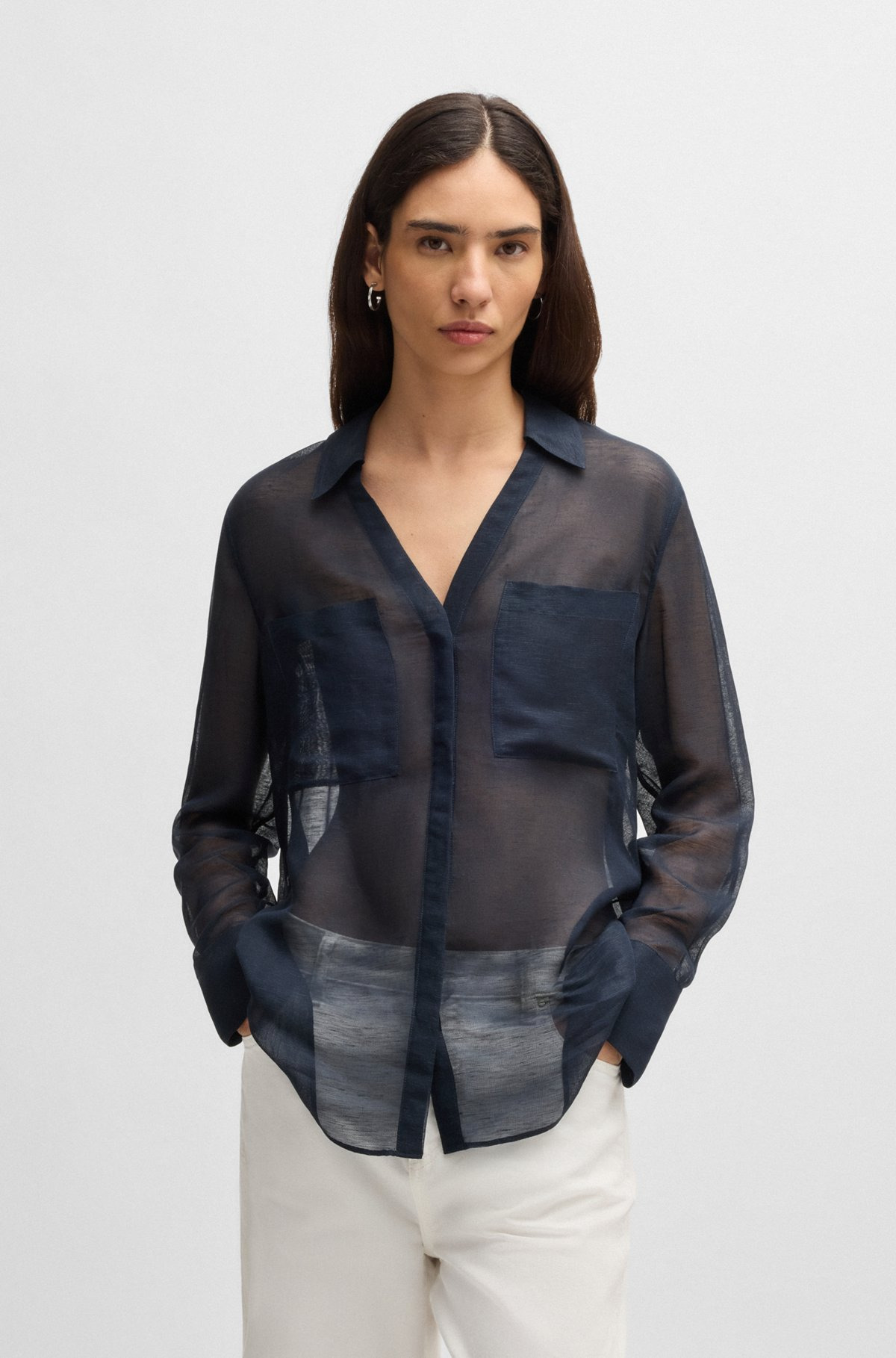 V-NECK BLOUSE IN RAMIE WITH COLLAR DETAIL - 2