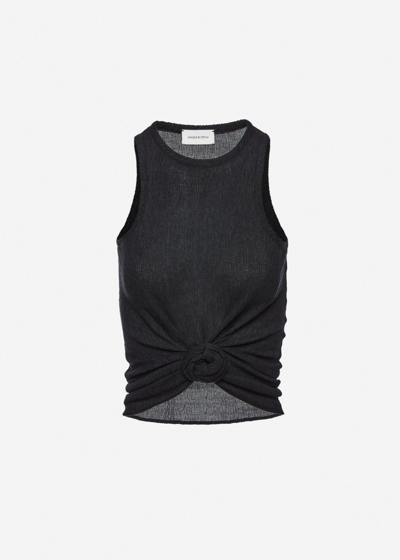 Crepe knotted tank top in black 1
