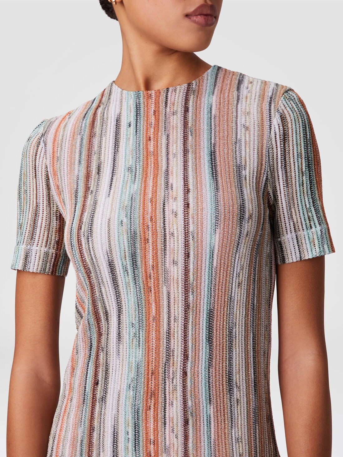 Short-sleeved mini-dress in striped lamé slub viscose - 5