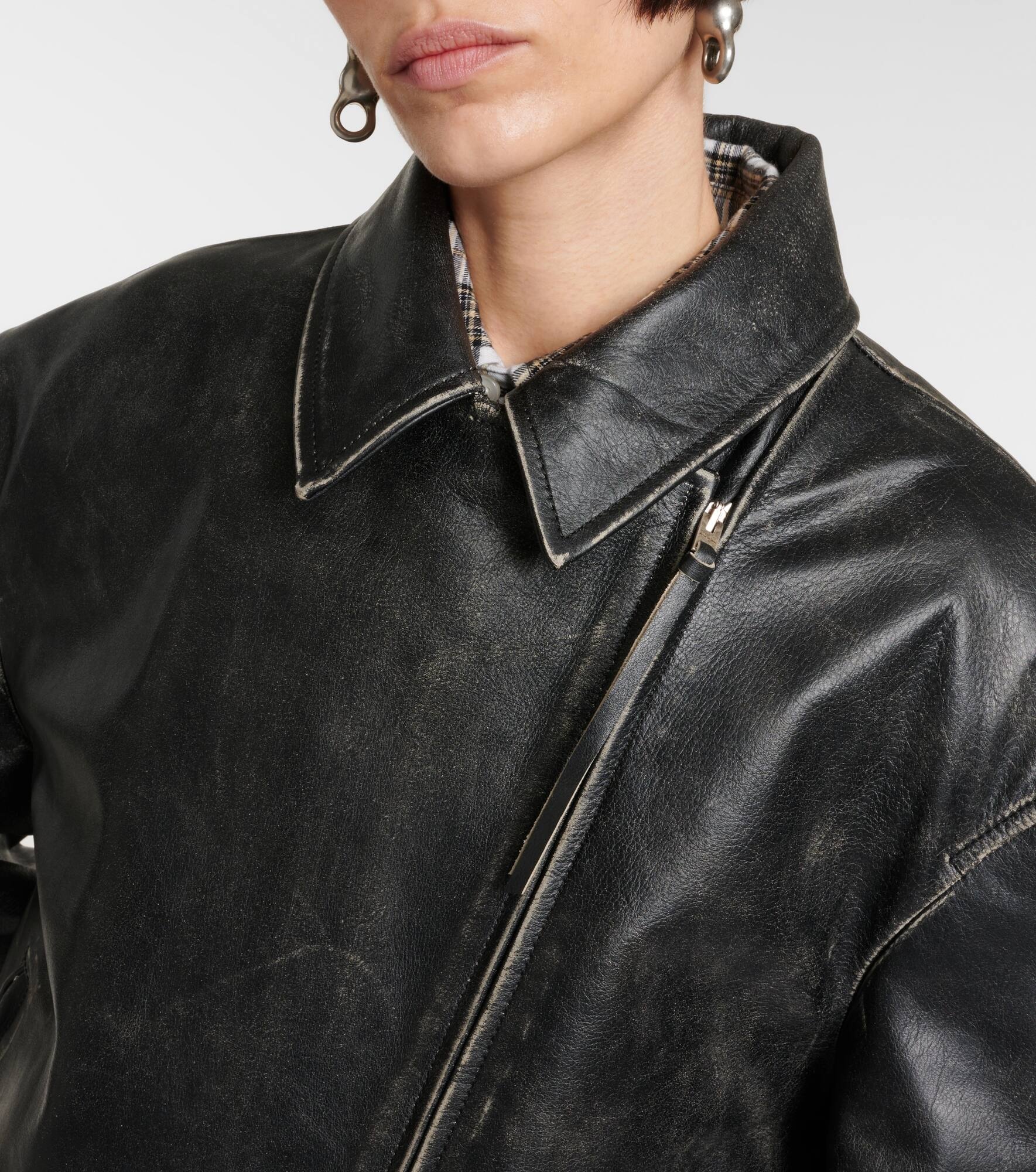 Distressed leather biker jacket - 4