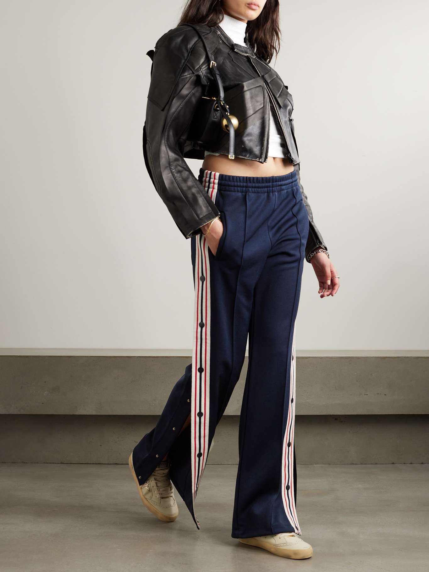 Button-detailed webbing-trimmed jersey wide-leg track pants - 2