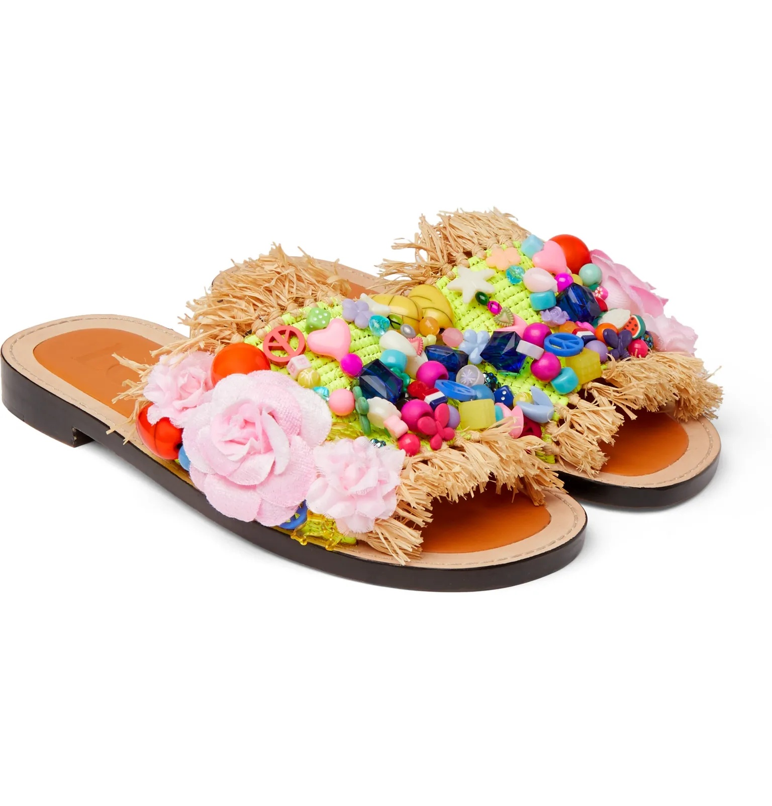 + Paula's Ibiza Embellished Frayed Raffia and Leather Slides - 2