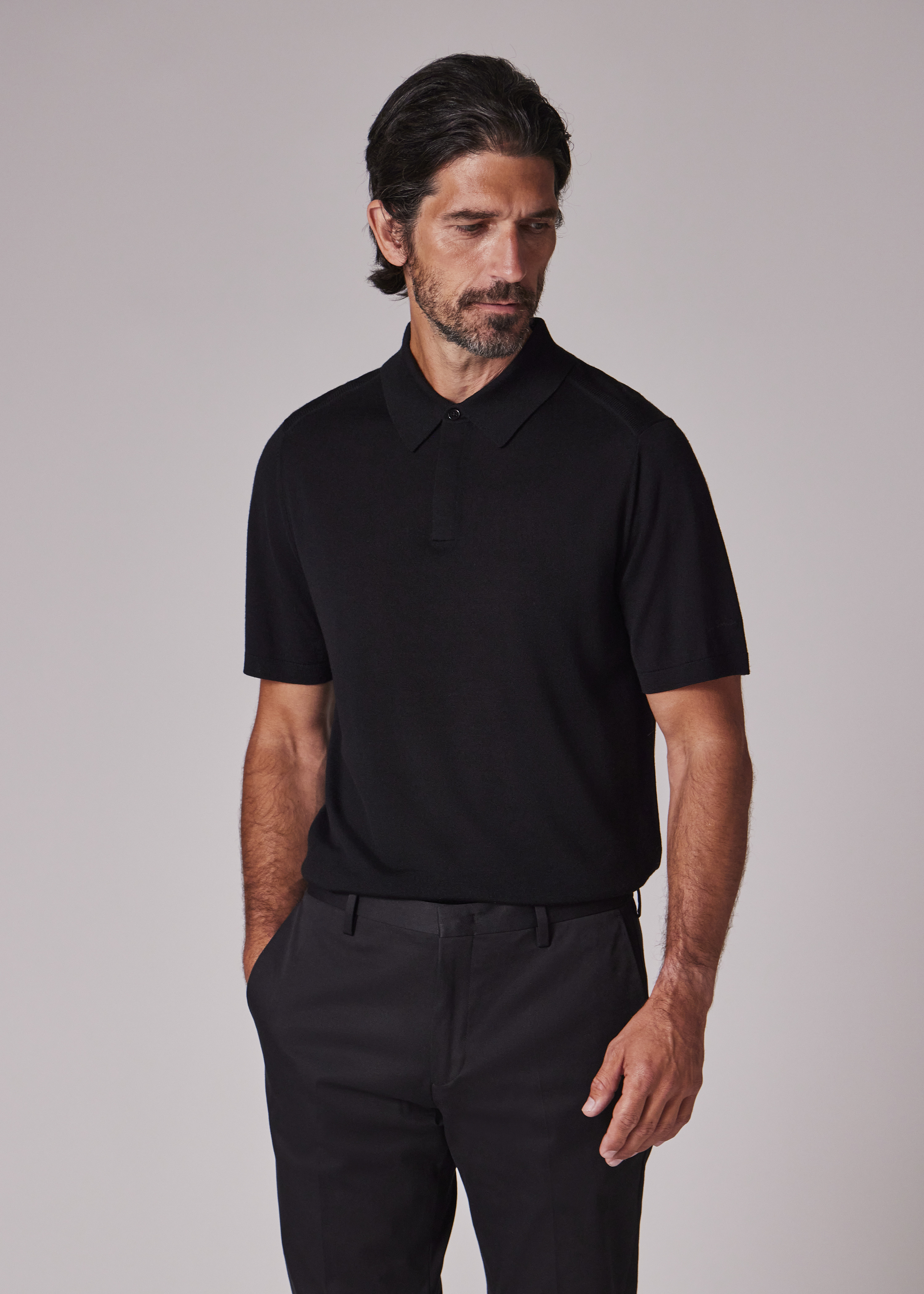 Black Merino Wool Short Sleeve Polo Shirt - 5