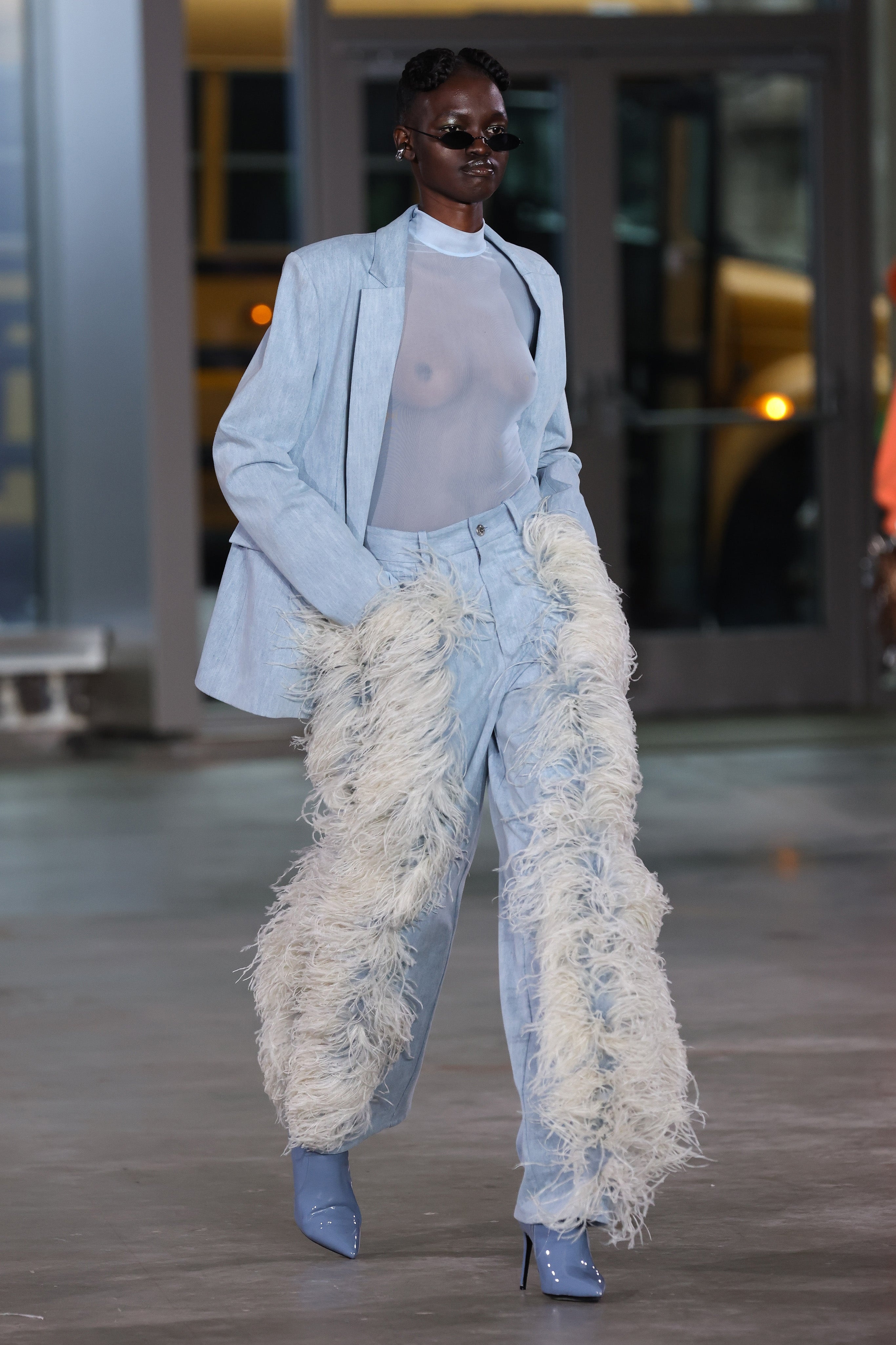 Washed Denim Straight Leg Pant With Feathers - 2