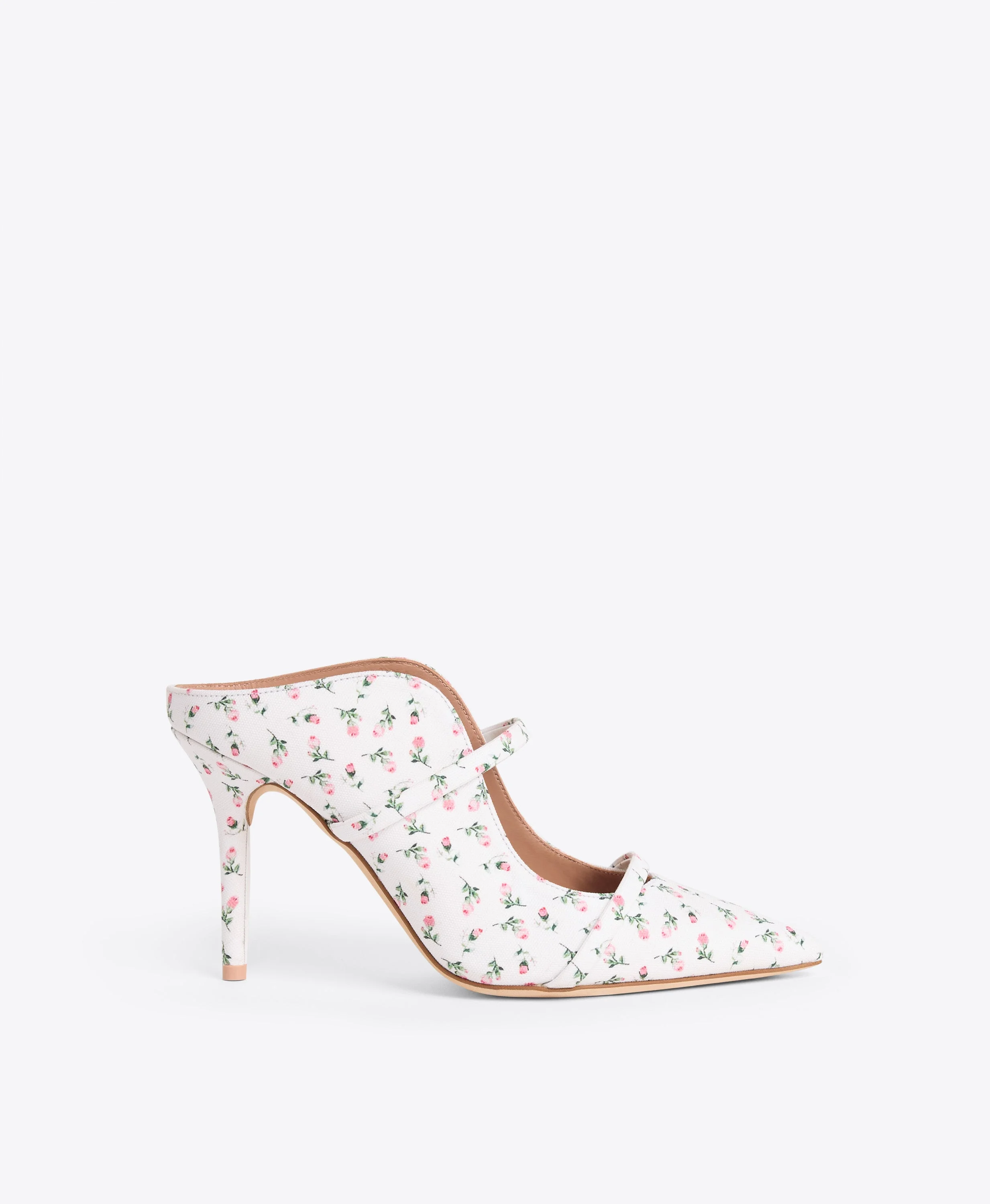 Maureen 85 White Floral Canvas Heeled Mules - 1