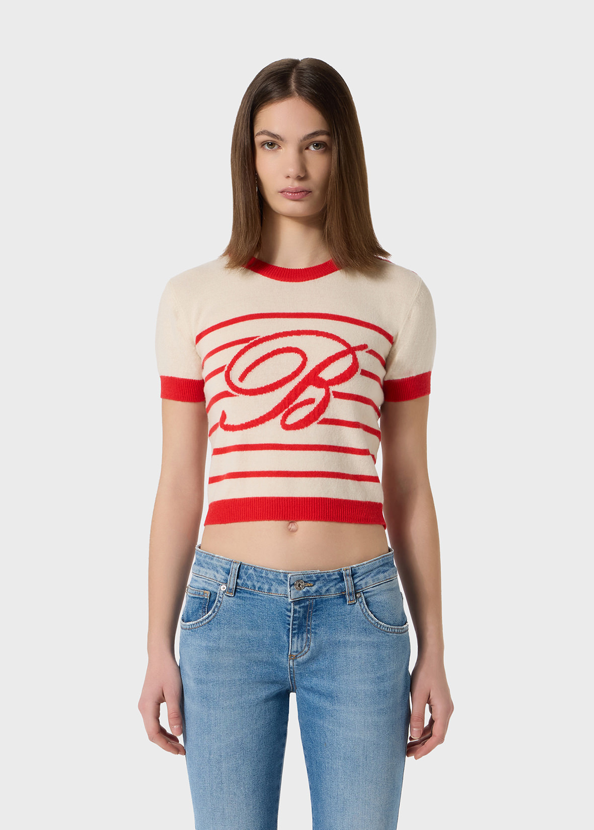 SHORT-SLEEVE MARINIÈRE SWEATER WITH BLUMARINE LOGO - 3