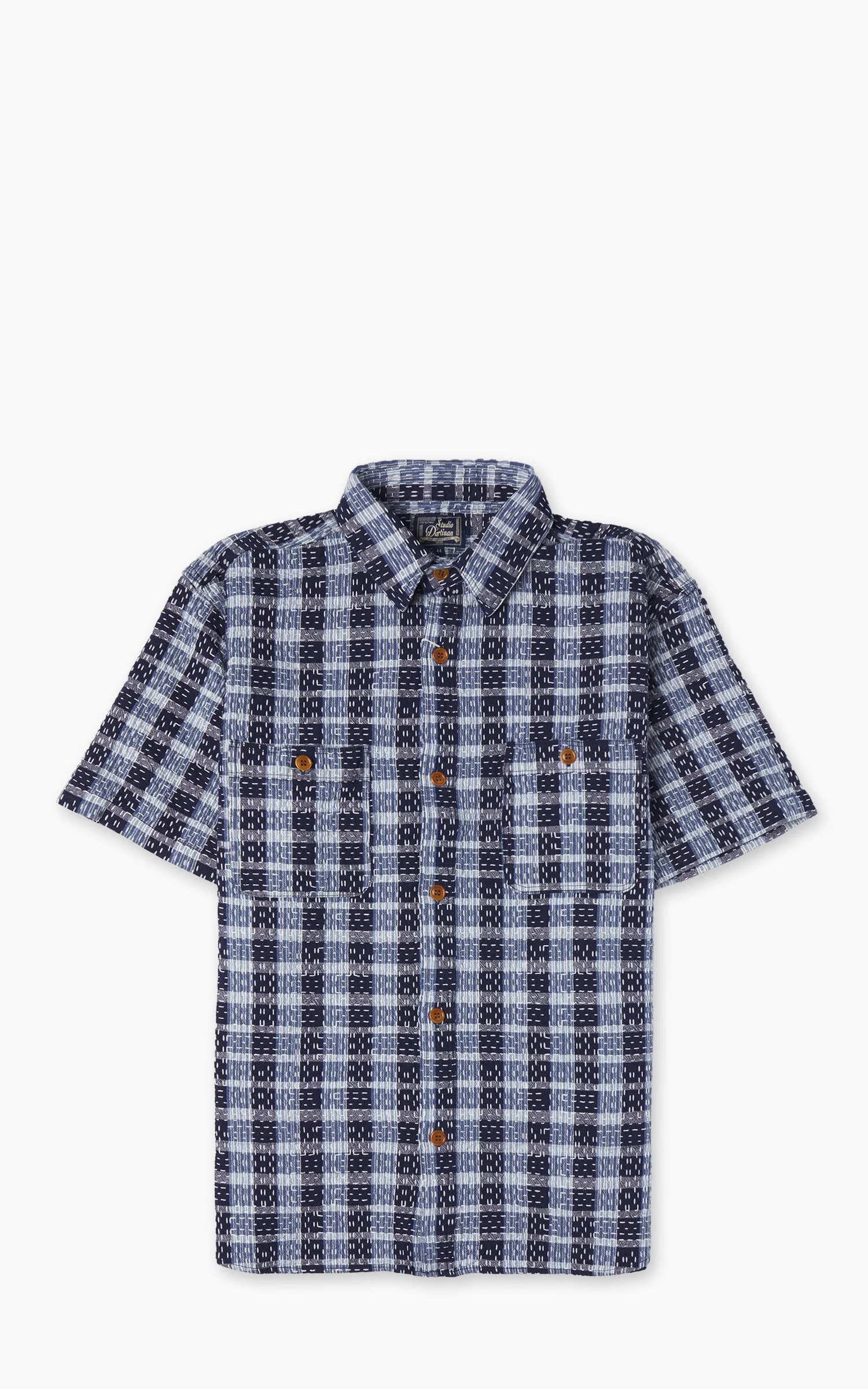 STUDIO D'ARTISAN 5738 NORAGI SASHIKO SHORT SLEEVE SHIRT BLUE INDIGO - 1
