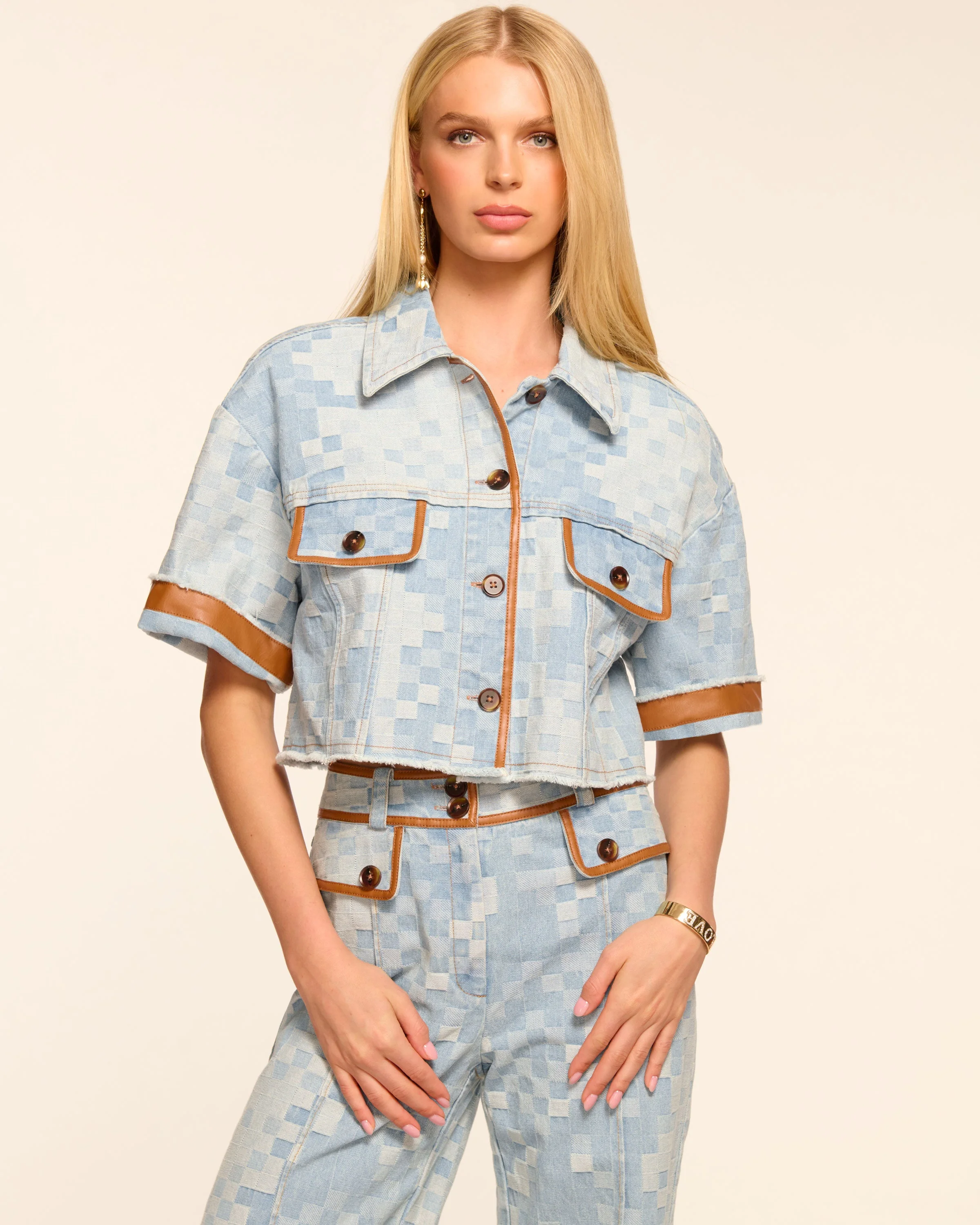 Melanie Short Sleeve Checkered Jean Jacket - 1
