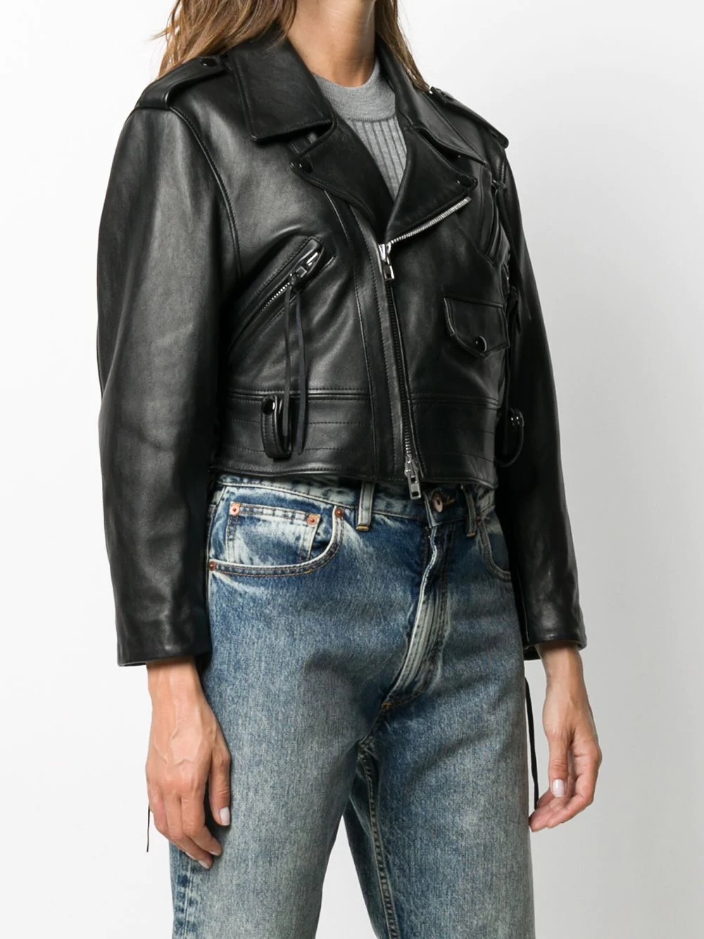 cropped leather biker jacket - 3