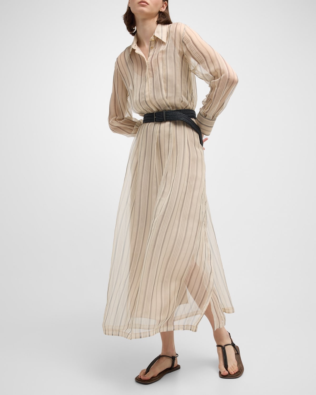 Striped Chiffon Maxi Shirtdress With Monili-Trim Raffia Belt - 7