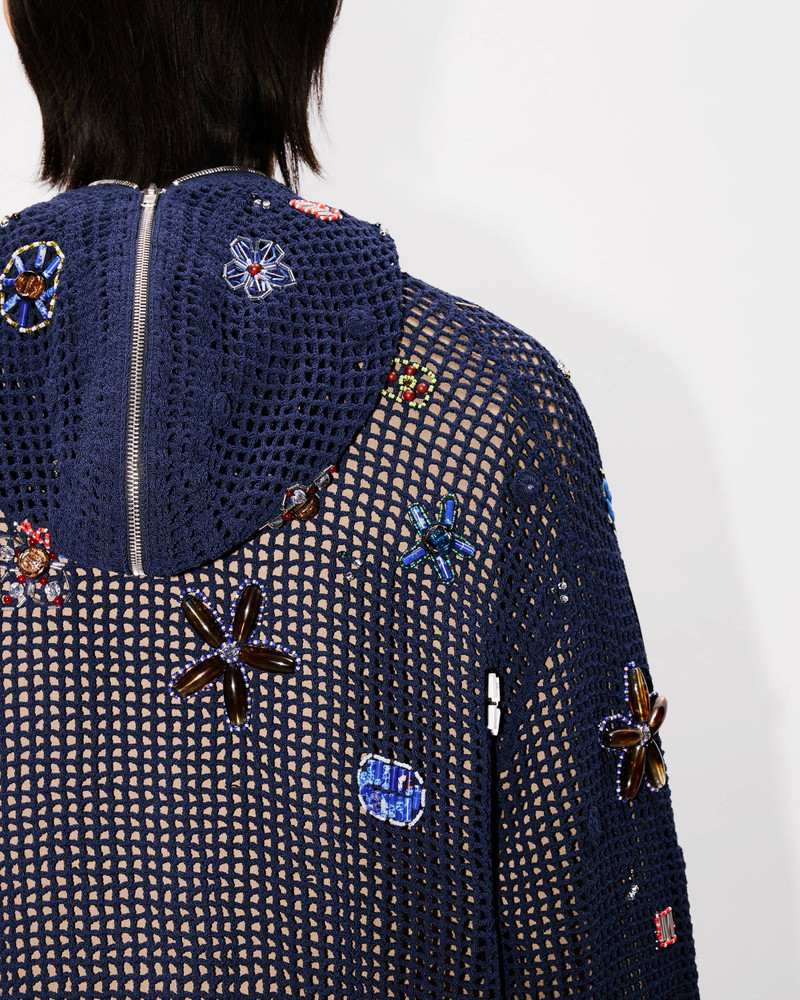 Oversized embroidered zip-up knitted hooded sweatshirt in cotton mesh 9