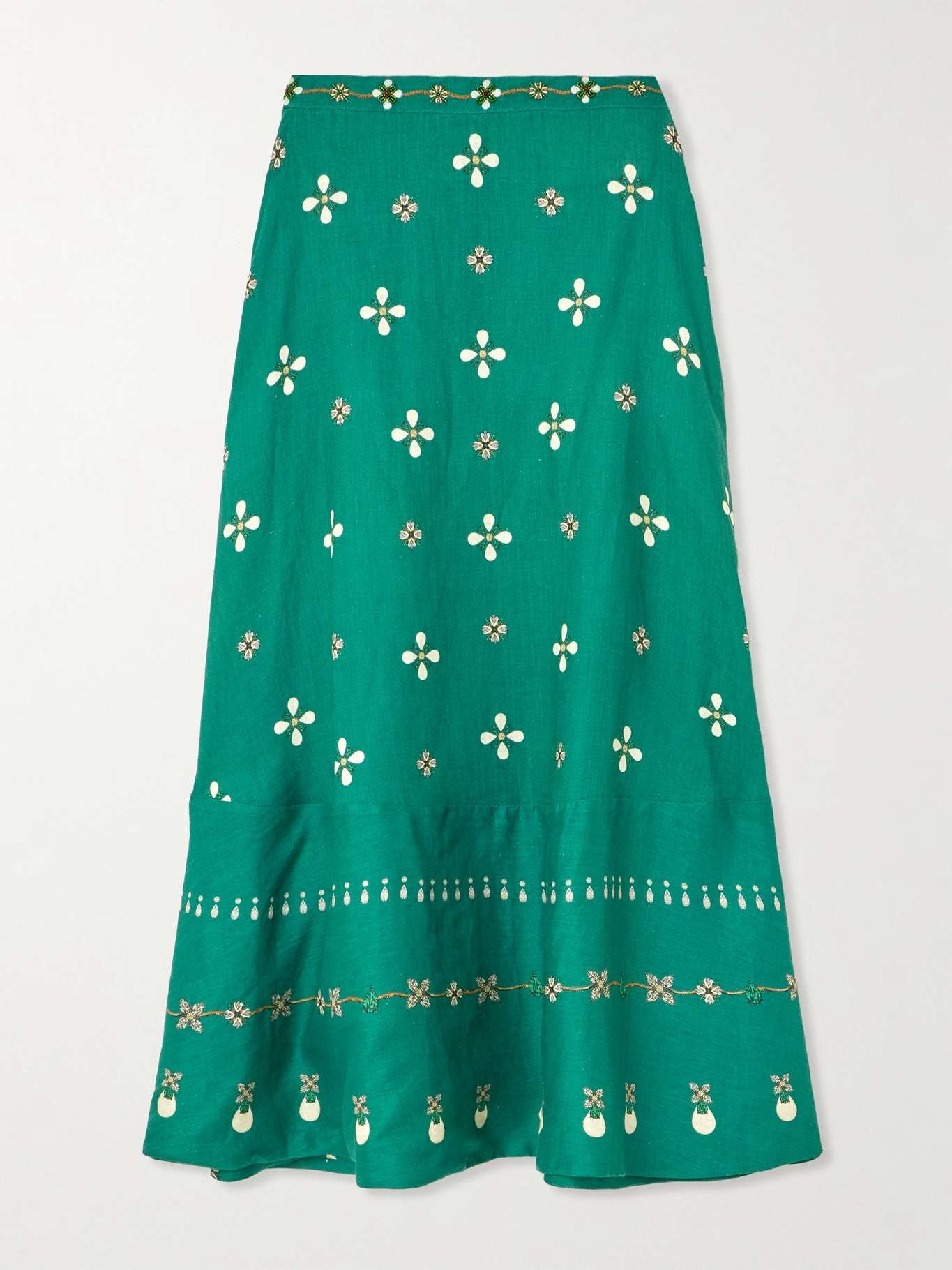 Bel Mar Esmeralda paneled embroidered printed linen maxi skirt - 1