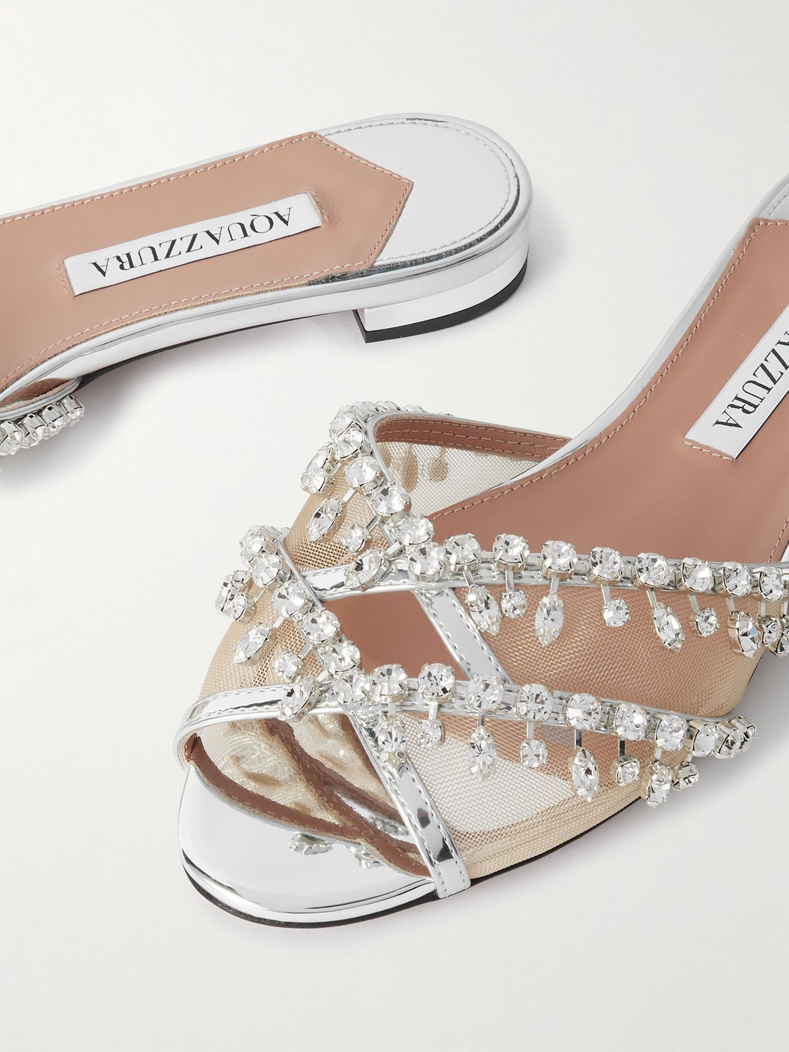 Temptation crystal-embellished mesh-trimmed metallic leather slides Silver - 4