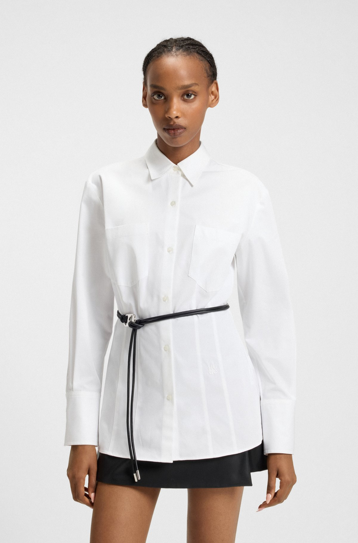 SLIM-FIT LONG-LENGTH BLOUSE WITH FAUX-LEATHER BELT - 2