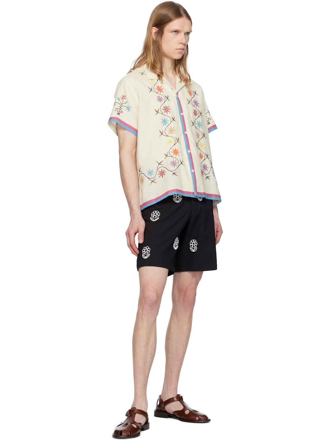 Black Beadwork Embroidered Long Shorts - 4
