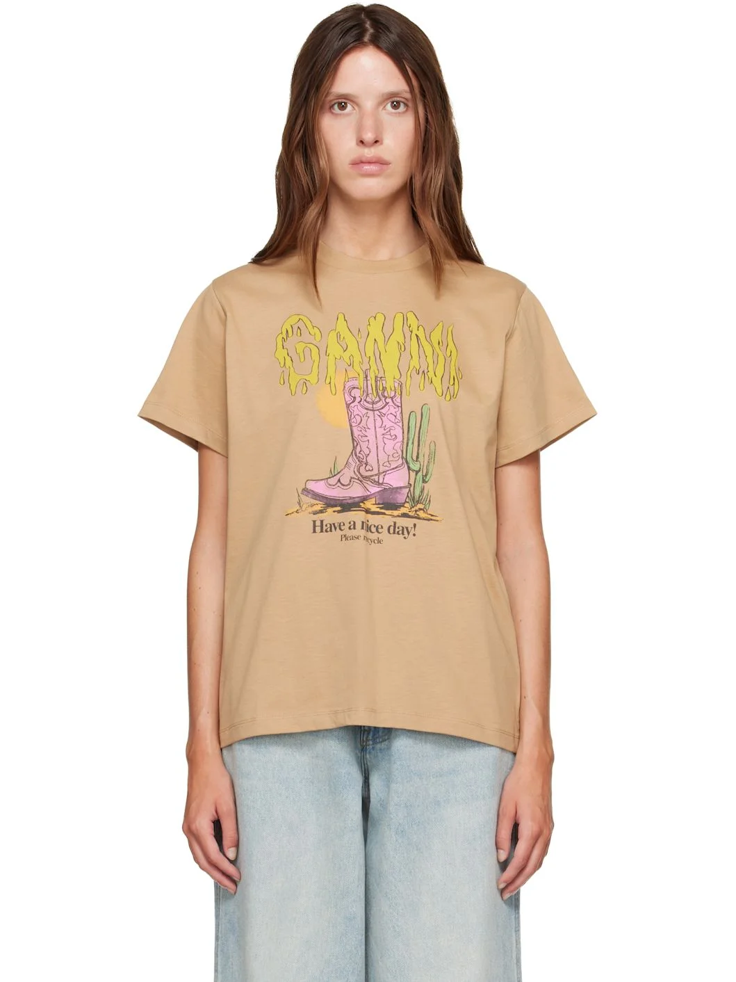Beige Basic Cotton Jersey Western Boot T-shirt - 1