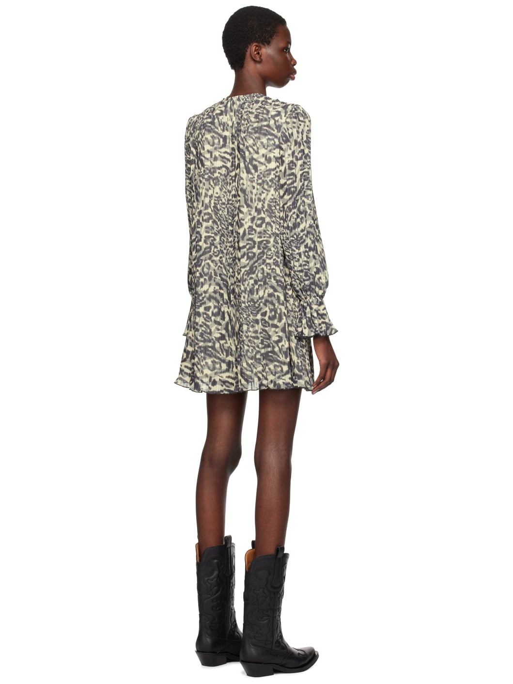 Green Pleated Flounce Neck Minidress - 3