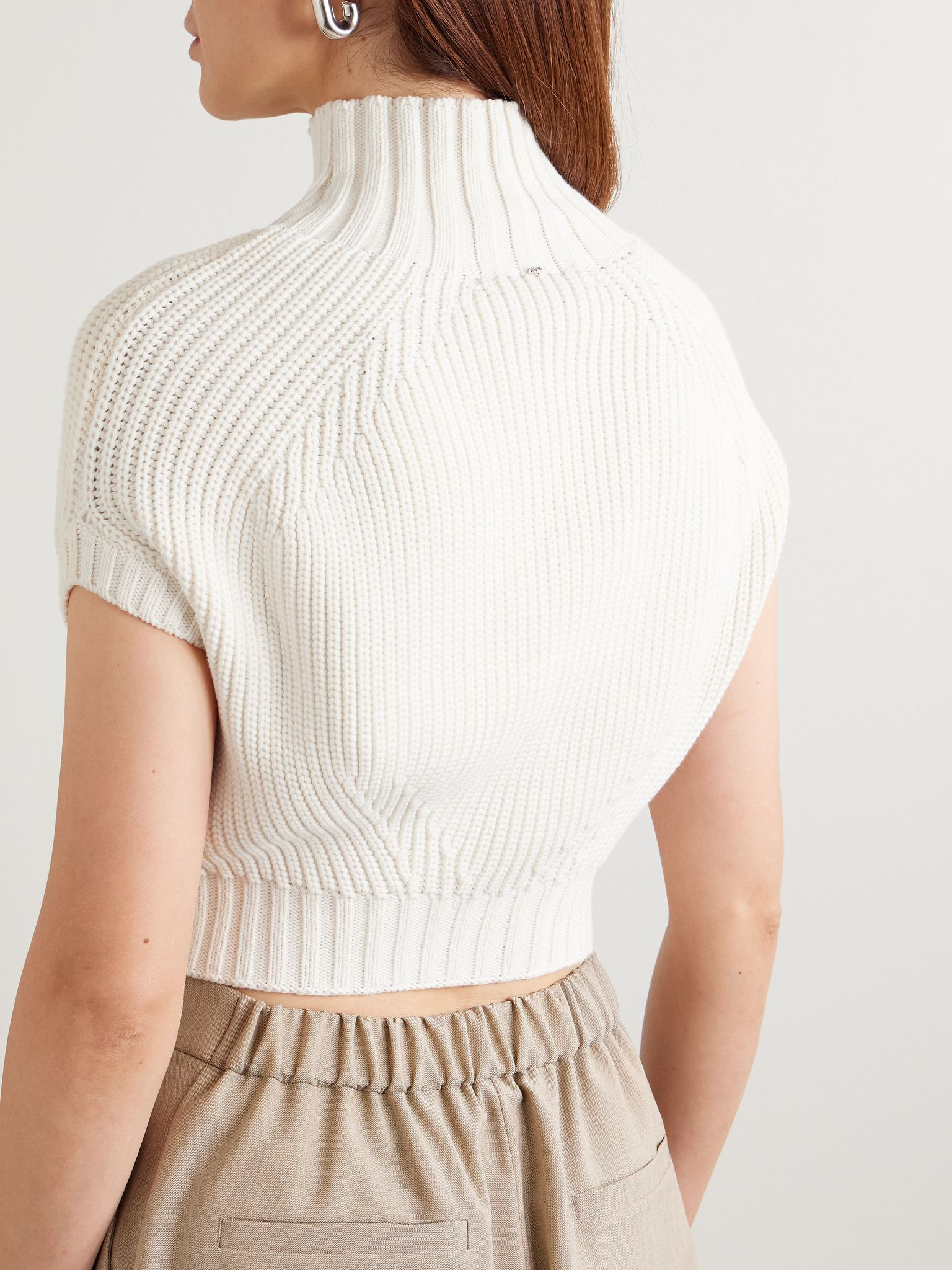 Balloon cropped ribbed cotton-blend sweater Ivory - 3