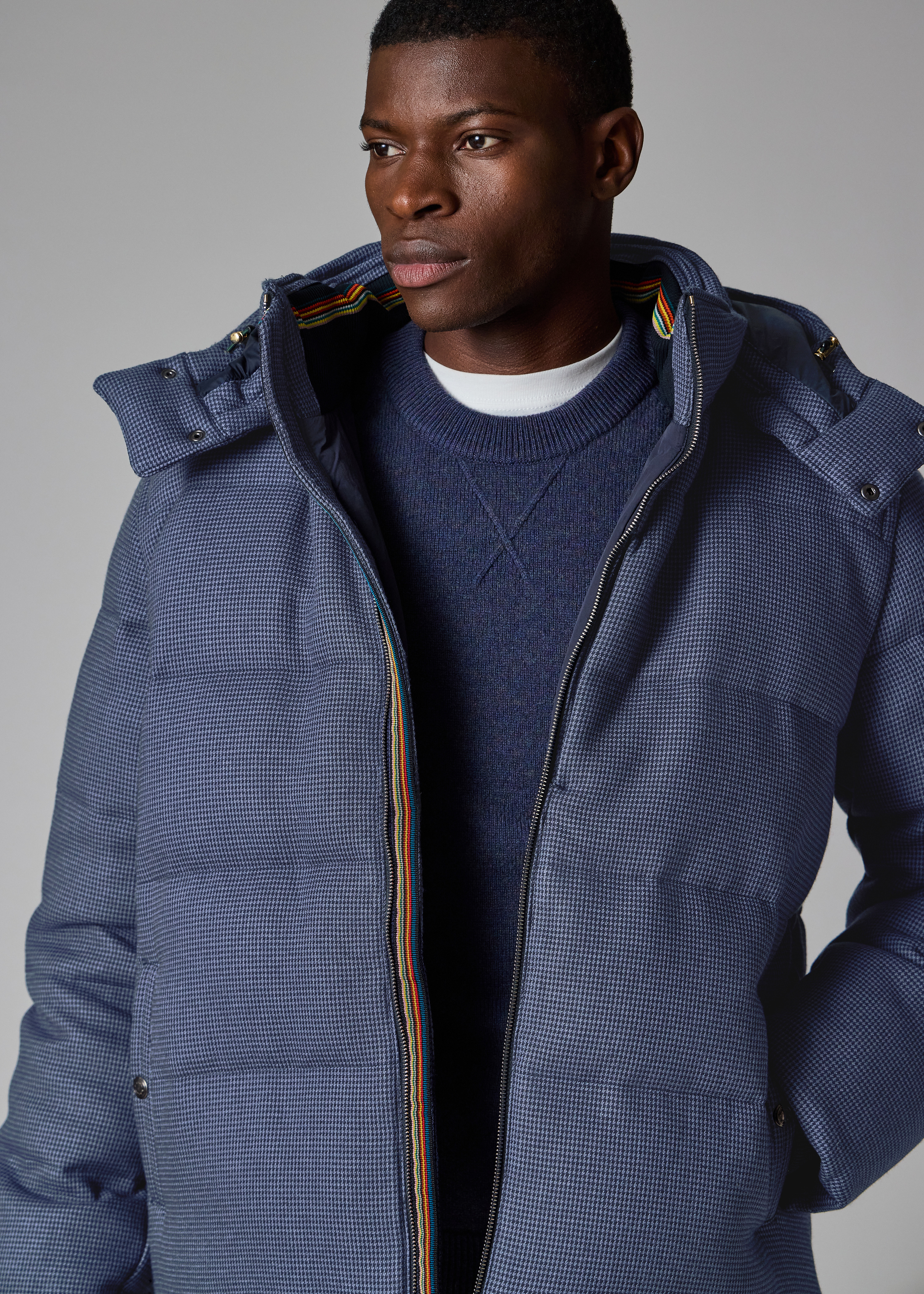 Navy Houndstooth Down Jacket with Detachable Hood - 7