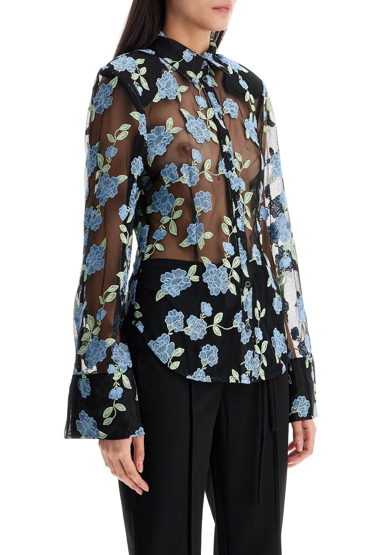 Rotate - Rotate black mesh shirt with floral embroidery - 2