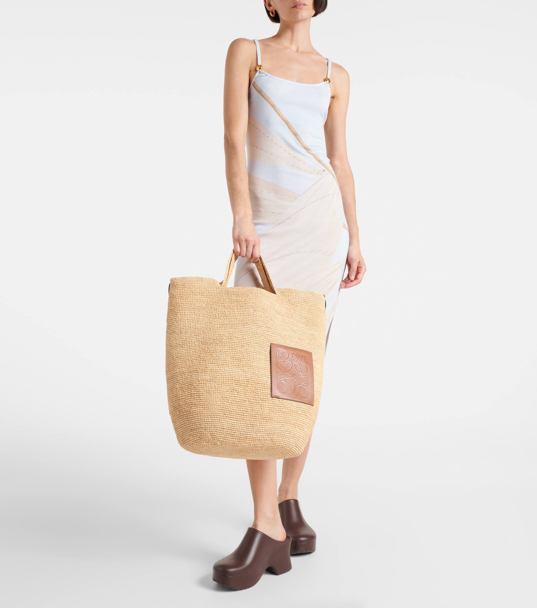 Large leather-trimmed raffia tote bag - 4