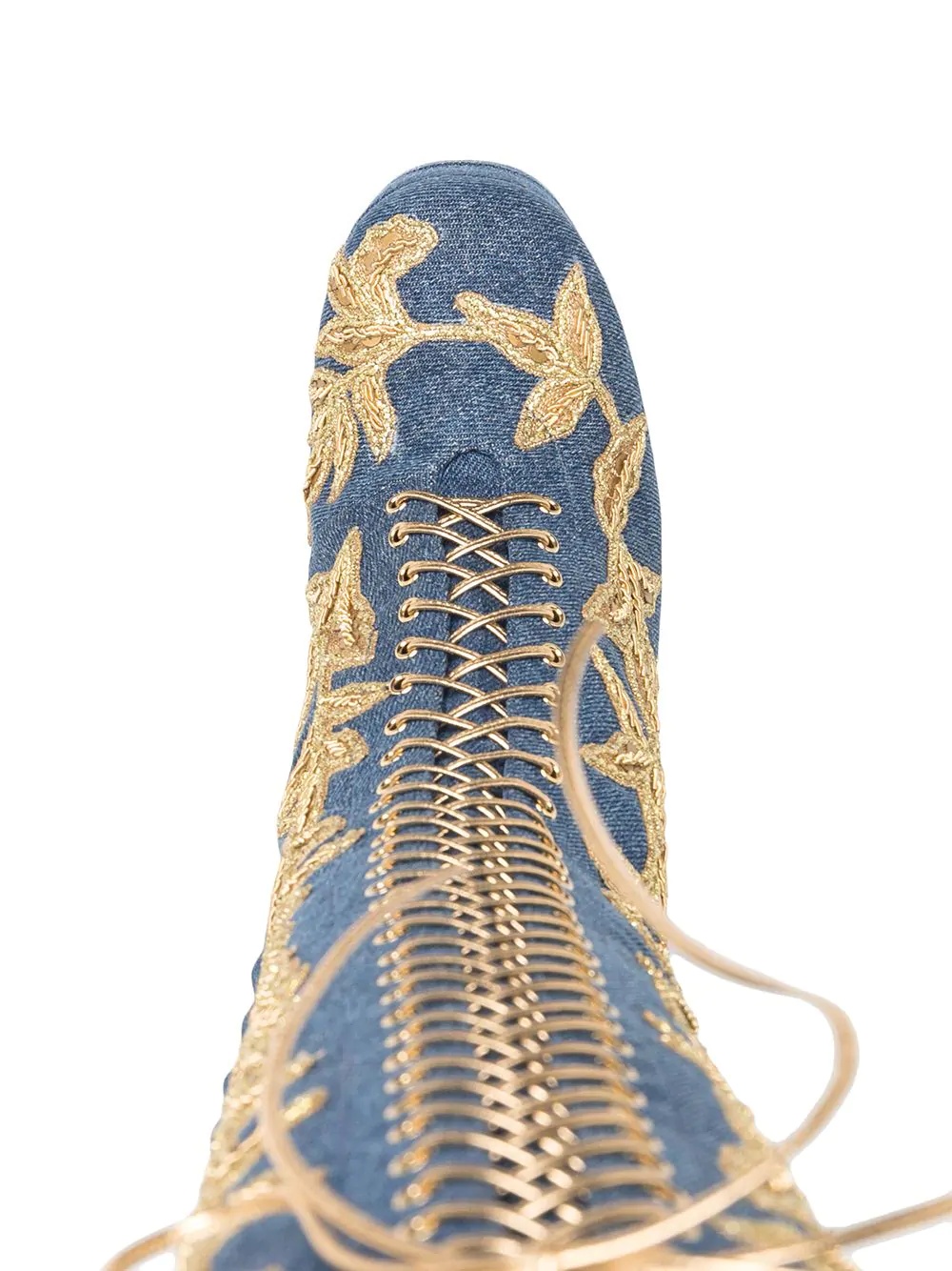 leaf embroidered high denim boots - 4