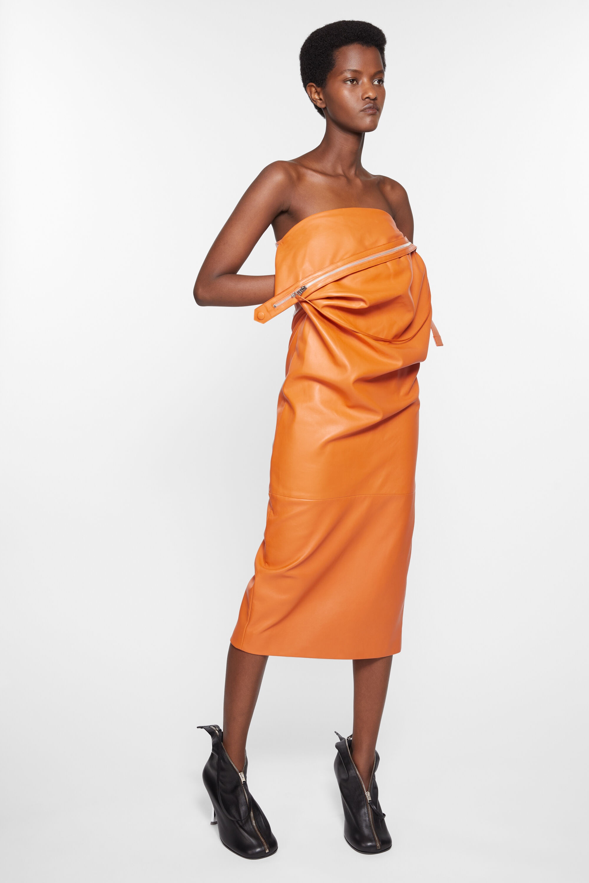 Leather zipper tape dress - Apricot orange - 4