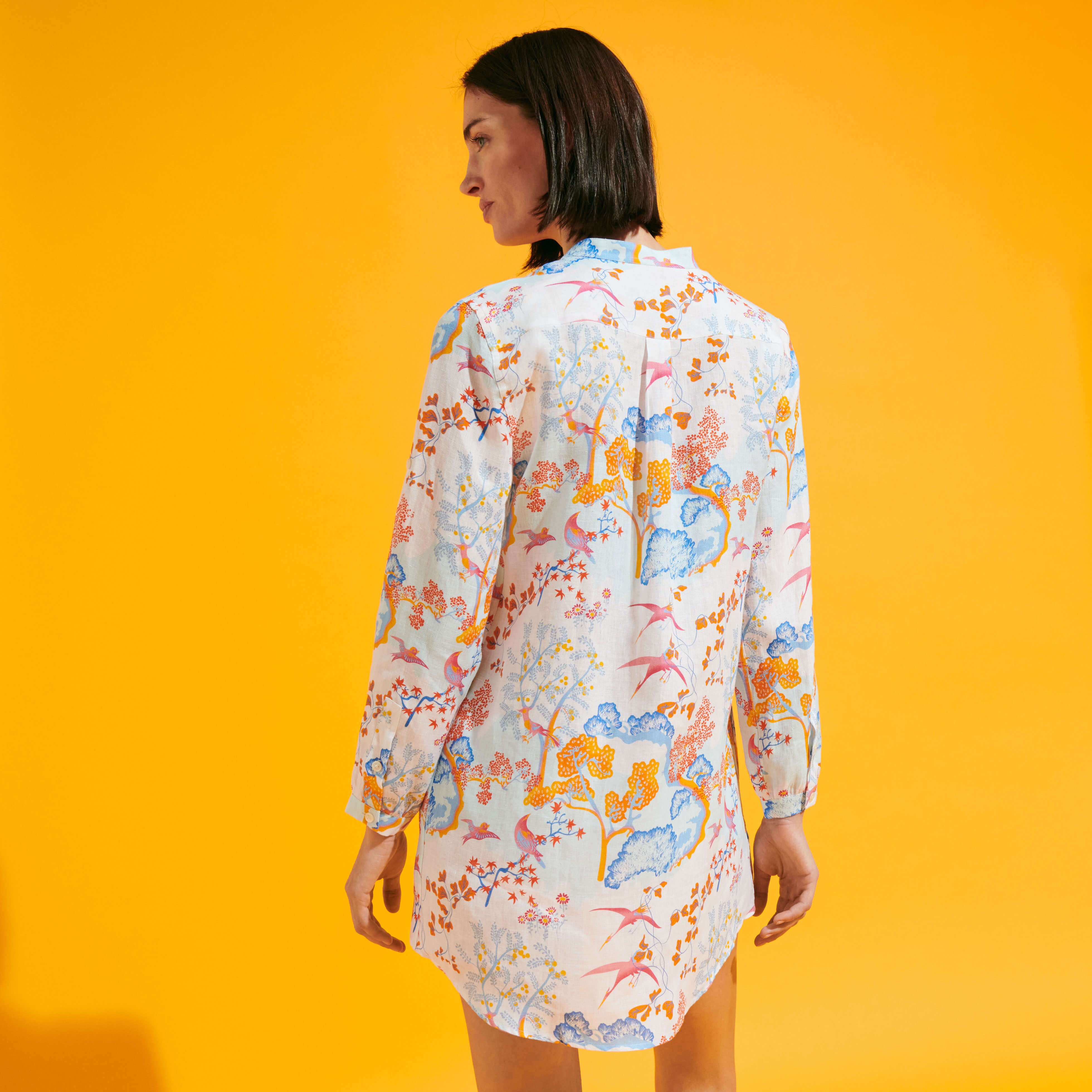 Women Linen Shirt Dress Peaceful Trees - 4