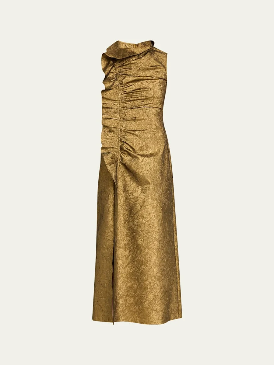 Demetria Metallic Sleeveless Ruched Midi Dress - 1