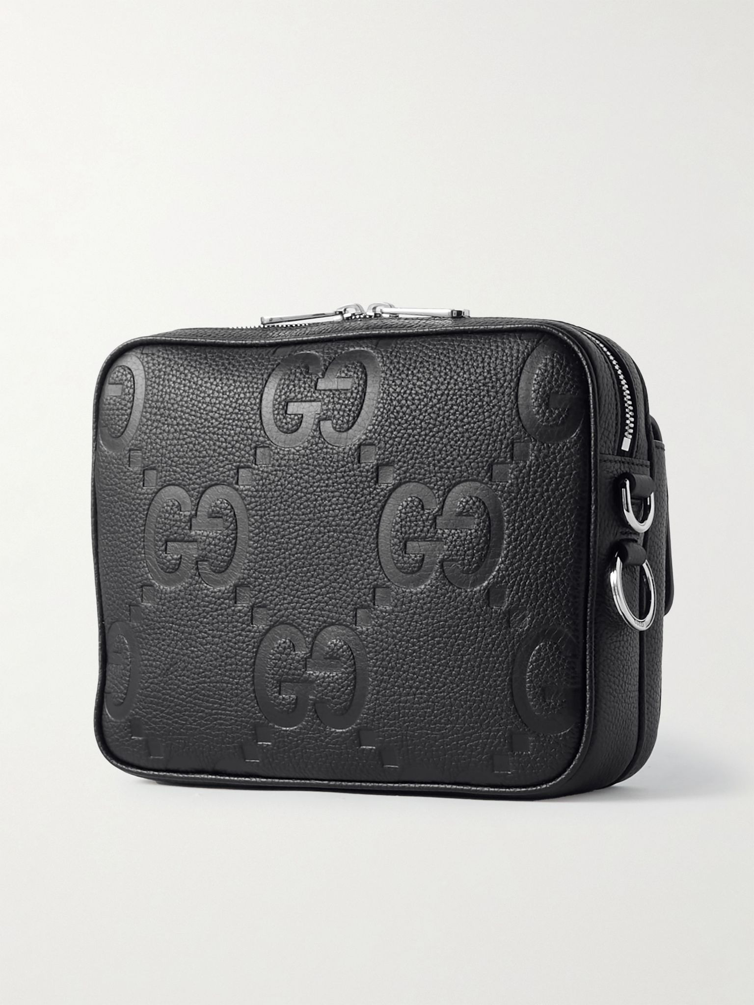Jumbo GG Logo-Debossed Full-Grain Leather Messenger Bag Black - 3