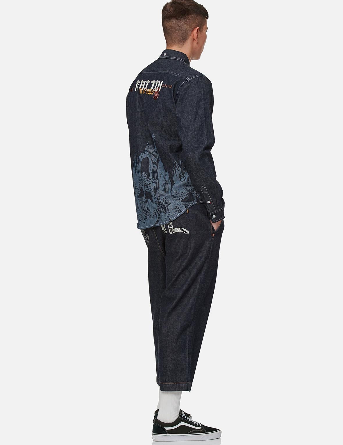 LANDSCAPE MOTIF DISCHARGED DENIM SHIRT - 6