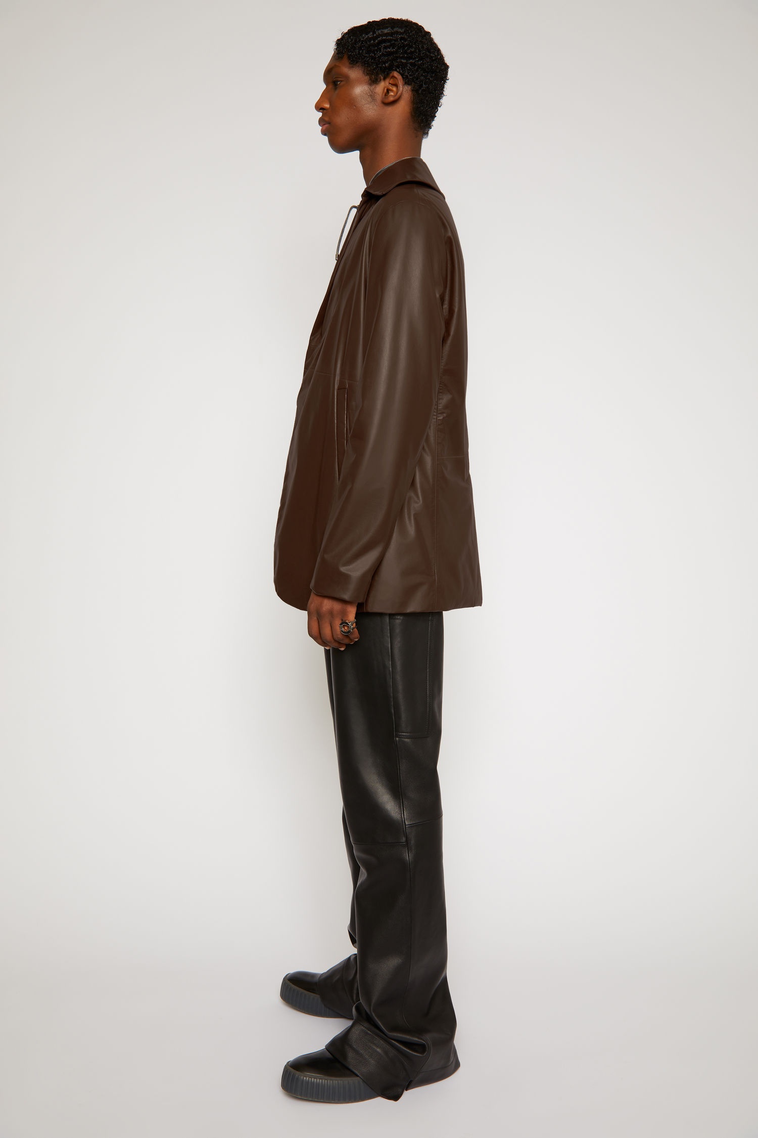 Padded leather suit jacket dark brown - 3