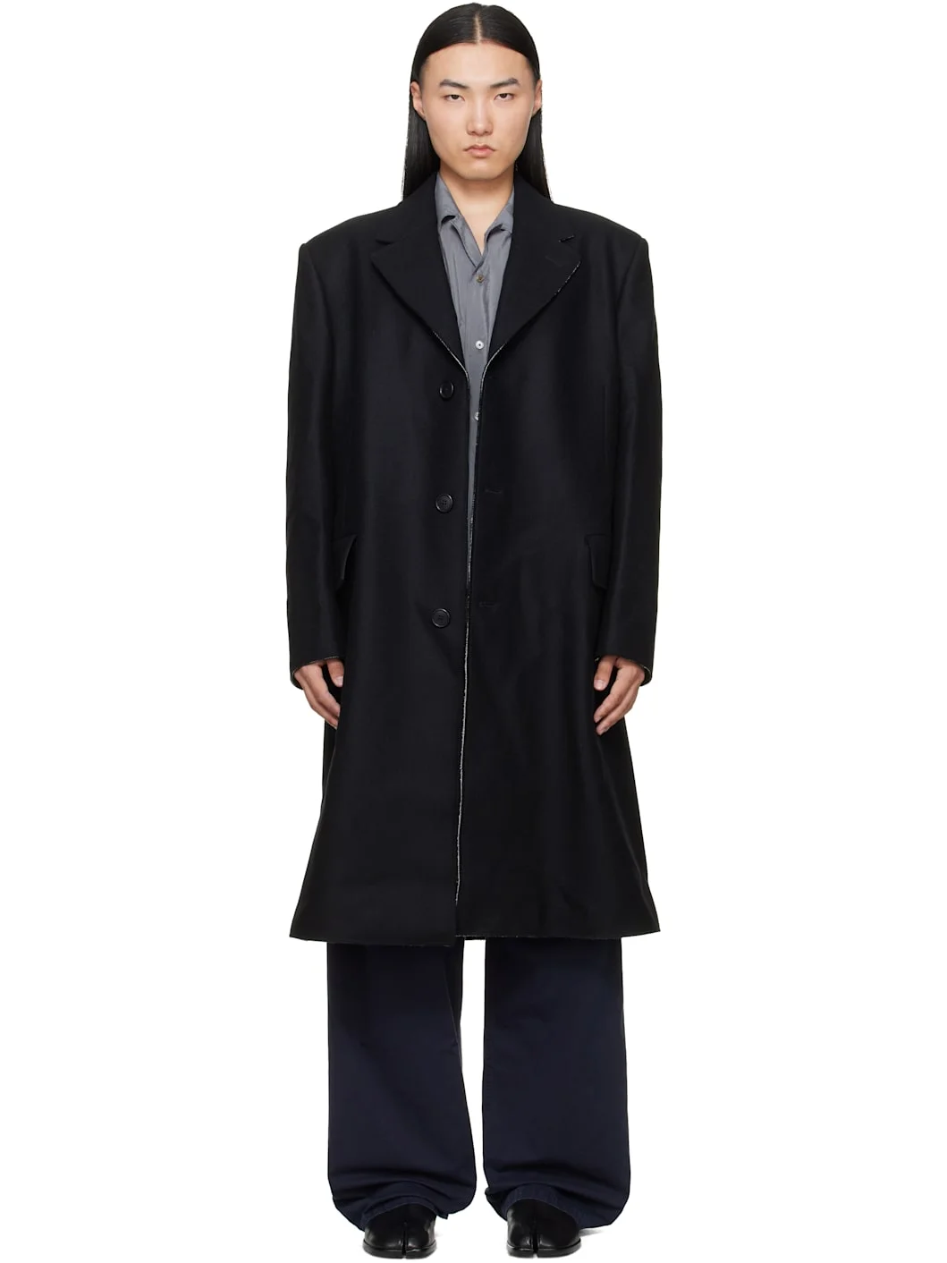 Black Wool Felt Single-Breasted Coat - 1