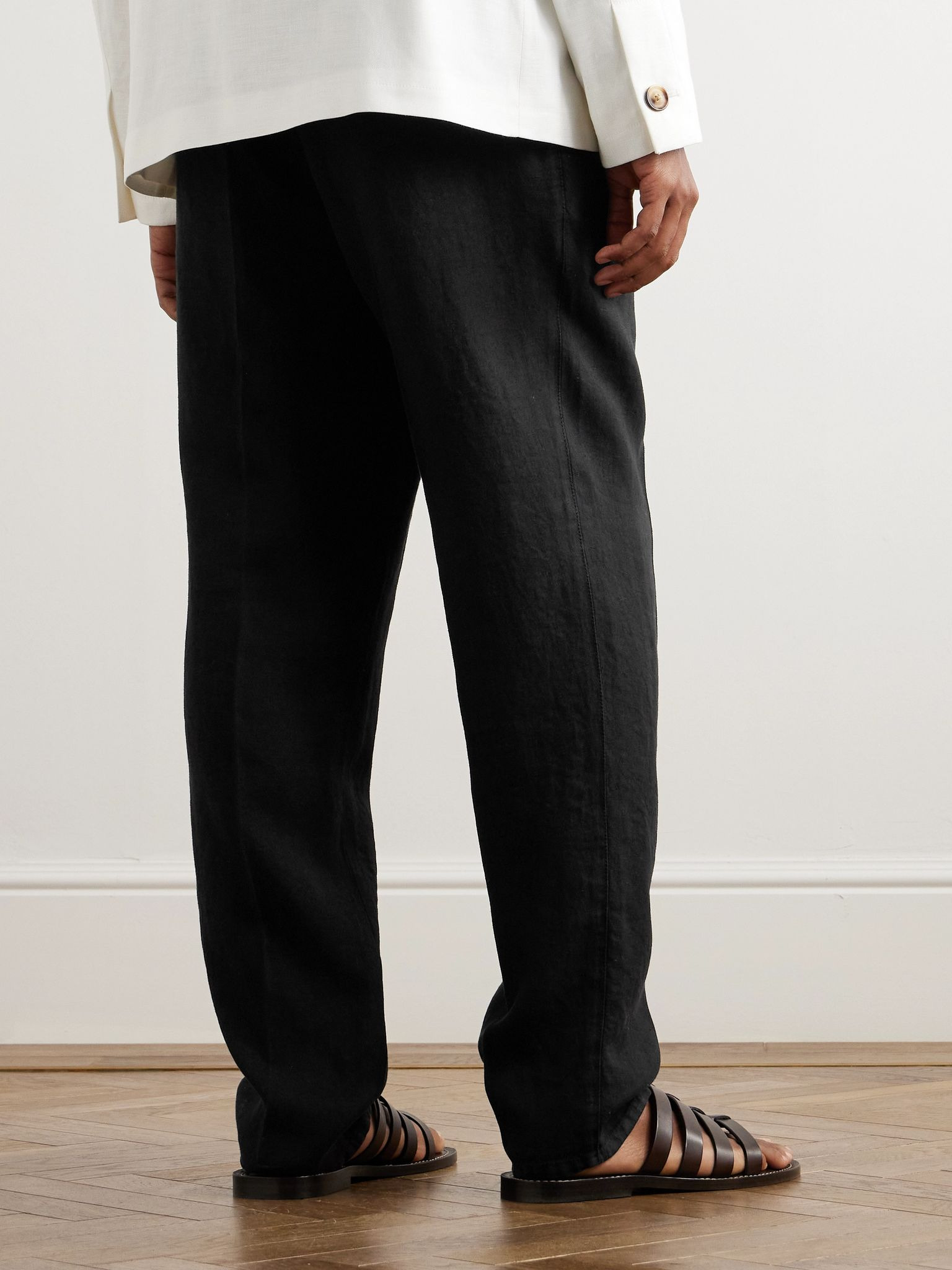 Straight-Leg Pleated Linen-Twill Drawstring Trousers Black - 3
