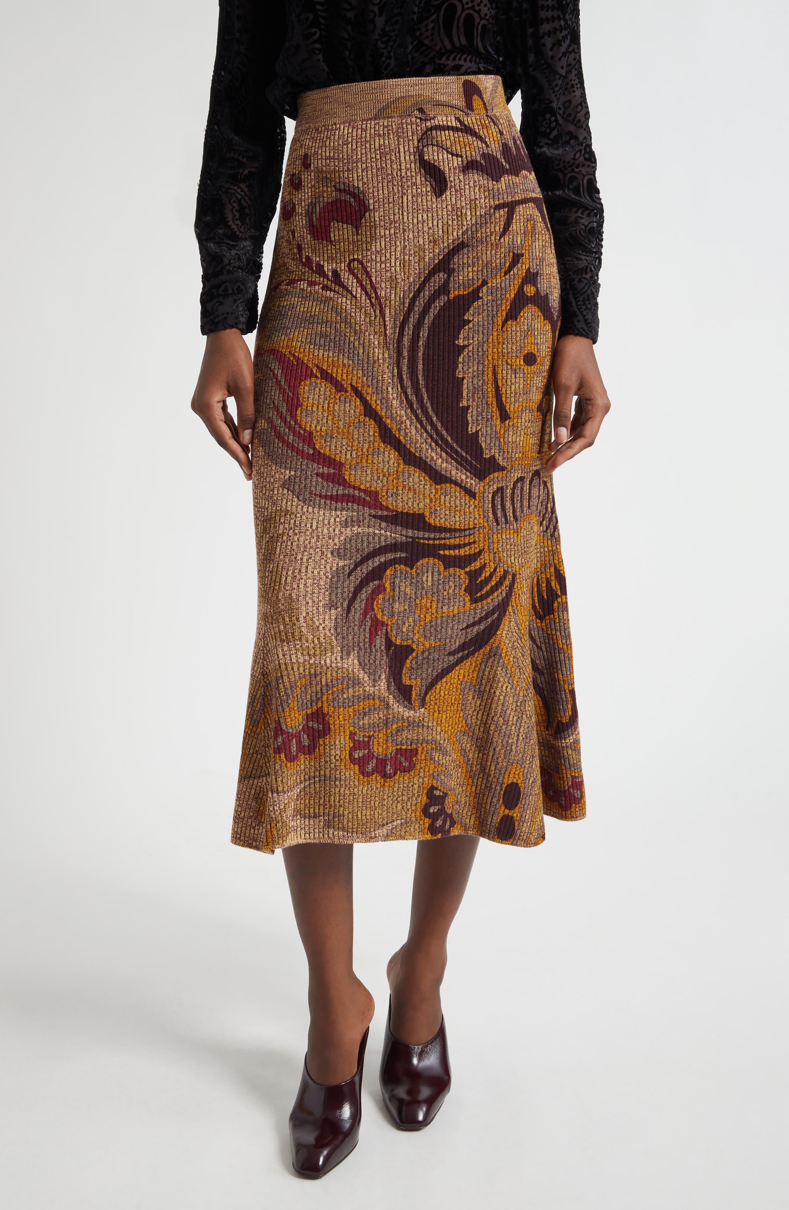 Etro Paisley Rib Wool Trumpet Skirt in Beige Multi at Nordstrom - 1