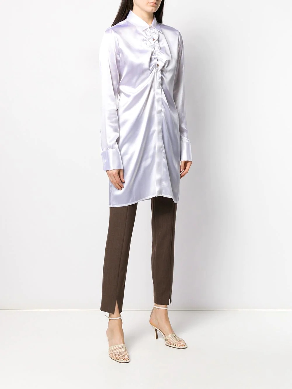 ruffled-neckline long-line shirt - 3