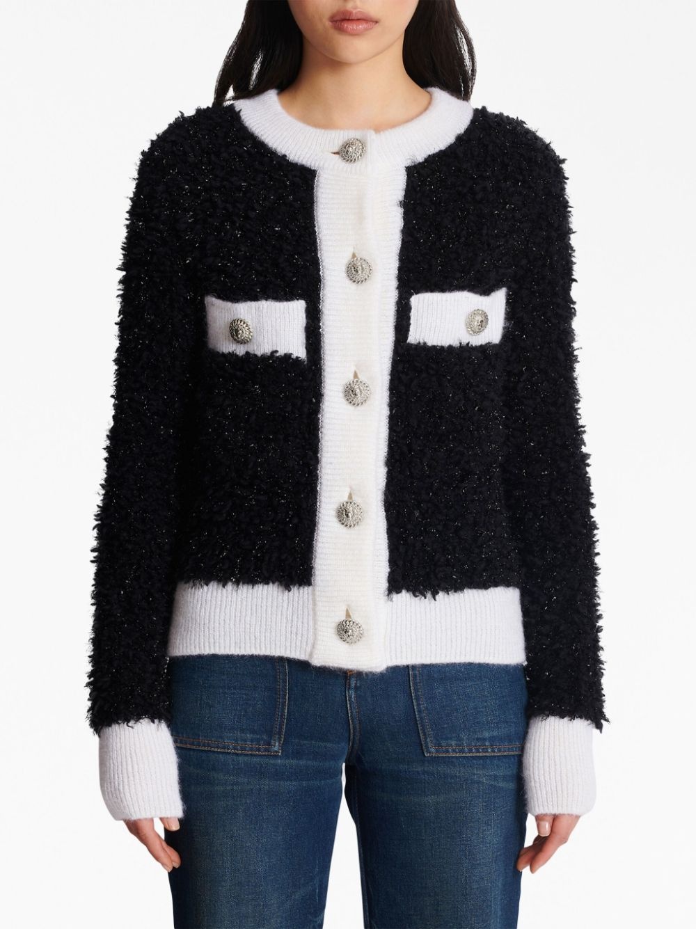 bouclÃ© contrasting-trim knitted cardigan - 5