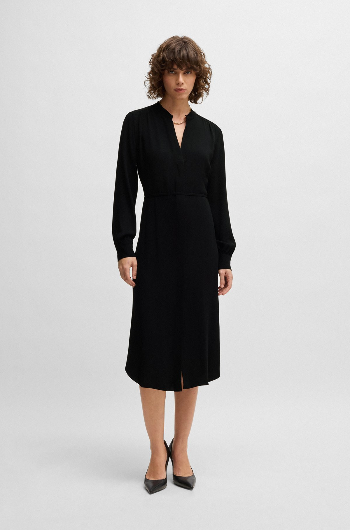BELTED DRESS WITH COLLARLESS V NECKLINE AND BUTTON CUFFS - 3